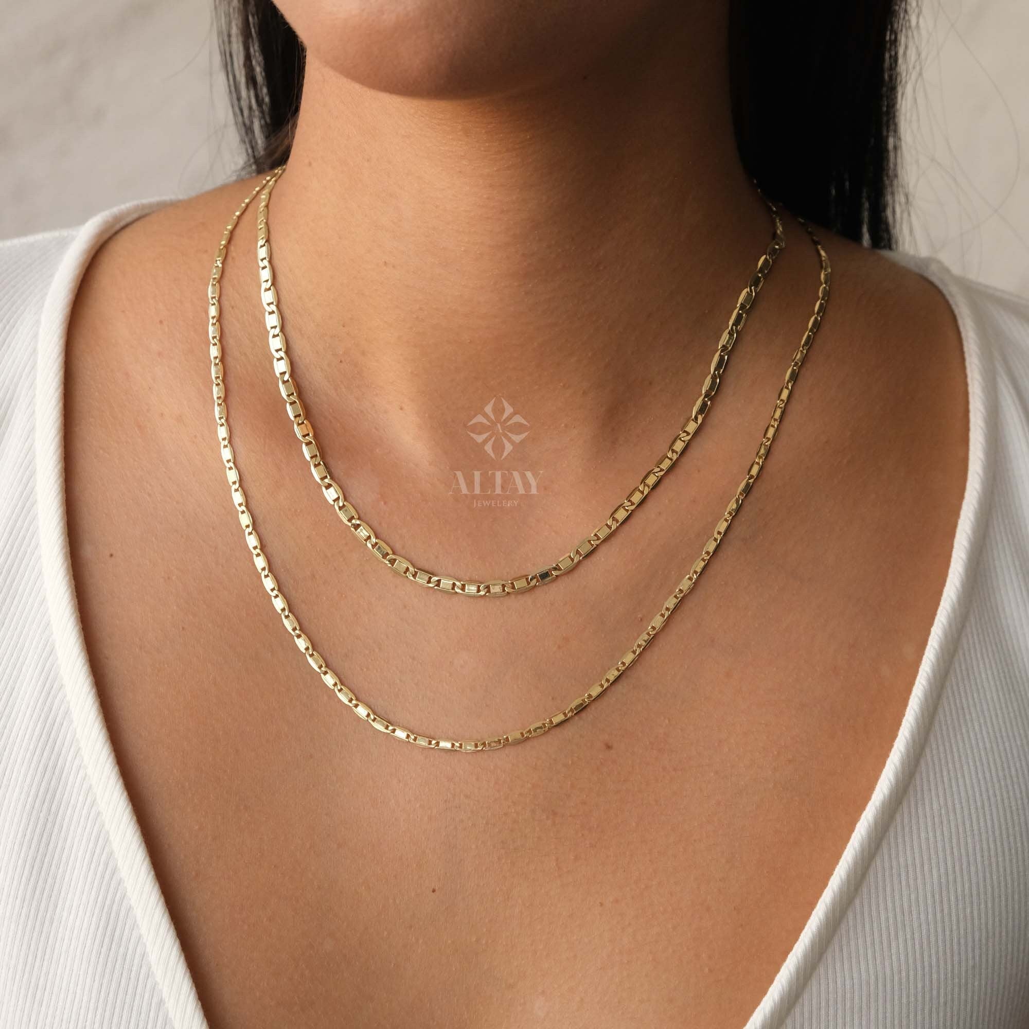 14K Gold Figaro Chain Necklace, 2.5mm 4mm Light Tone Mariner Choker, Layering Chain Necklace, Flat Mariner Anchor Necklace, Men Women Chain