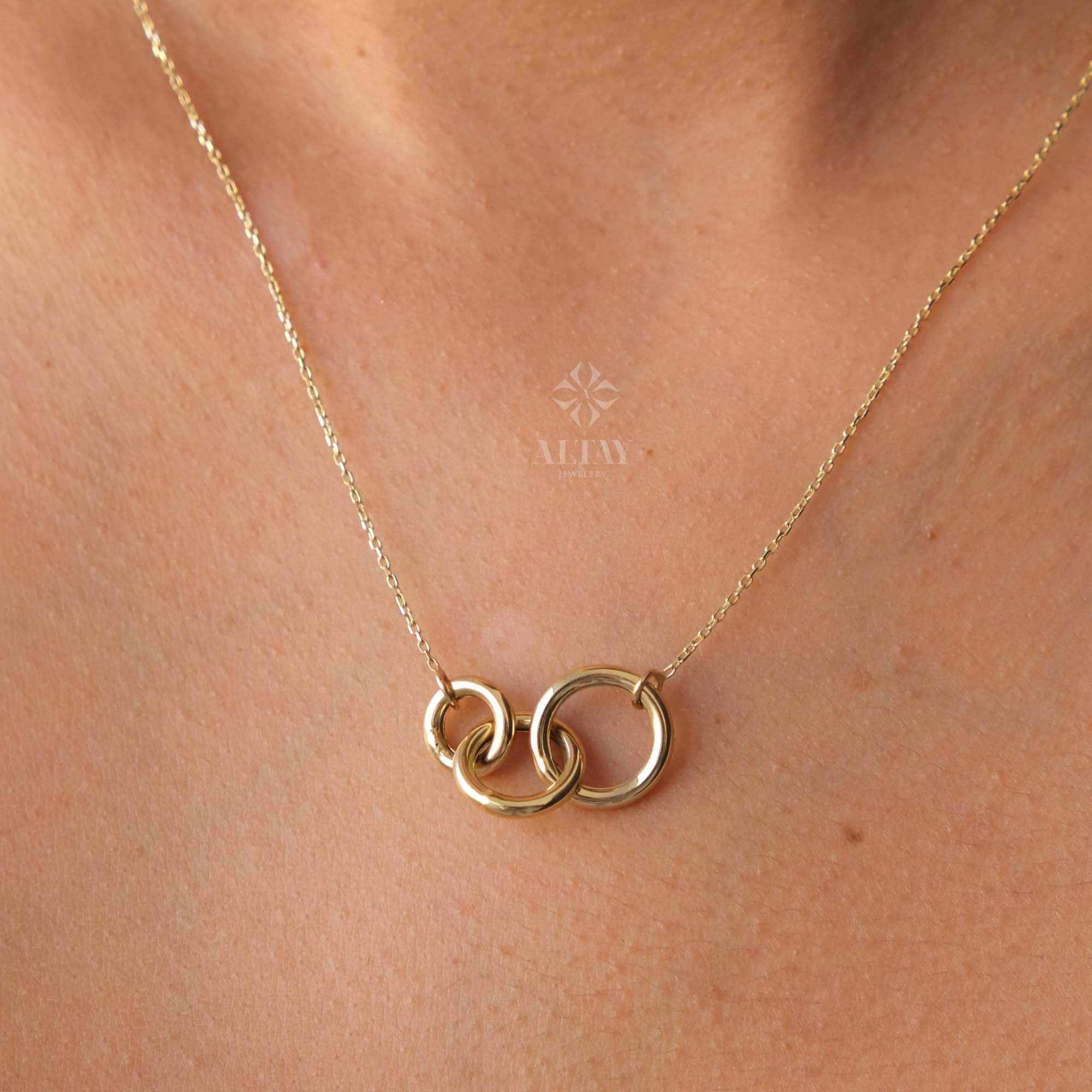 14K Gold Three Circle Necklace, Three Interlocking Pendant Necklace, Triple Circle Necklace, Linked Eternity Circles, Entwined Family Charm