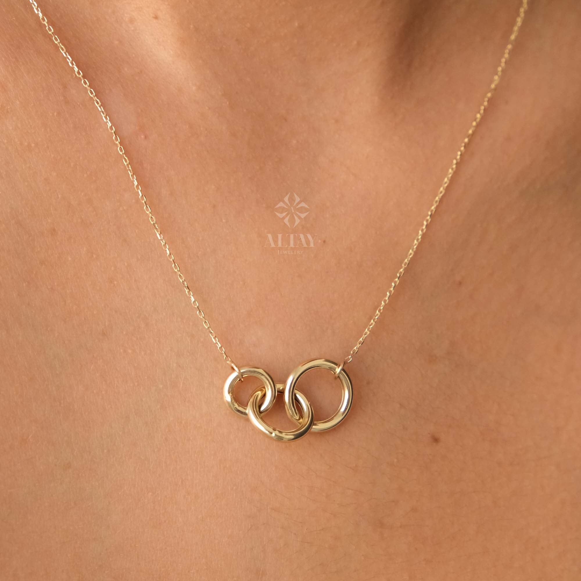 14K Gold Three Circle Necklace, Three Interlocking Pendant Necklace, Triple Circle Necklace, Linked Eternity Circles, Entwined Family Charm