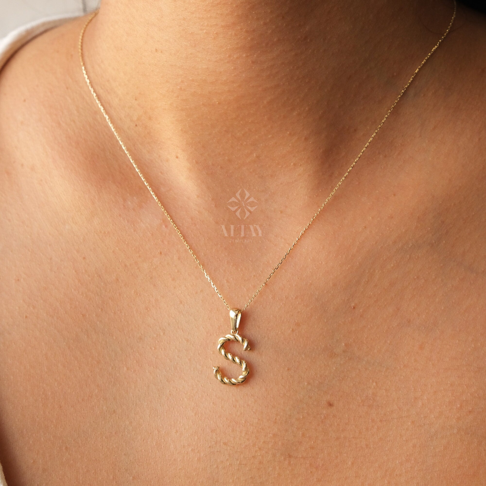 14K Gold Initial Necklace, Rope Gold Letter Necklace, Custom Personalized Necklace, Name Letter Necklace, Initial Charm Pendant, Christmas