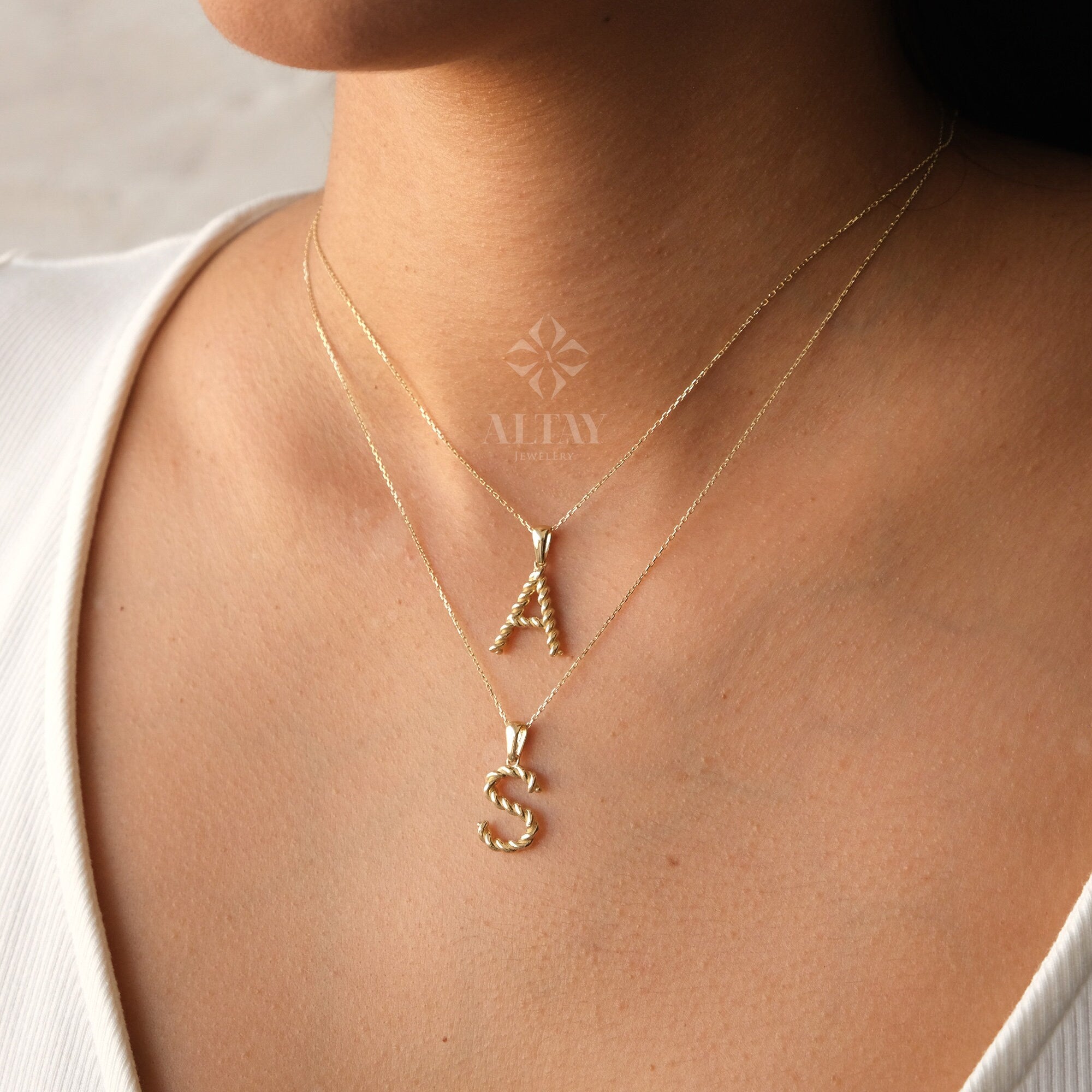 14K Gold Initial Necklace, Rope Gold Letter Necklace, Custom Personalized Necklace, Name Letter Necklace, Initial Charm Pendant, Christmas