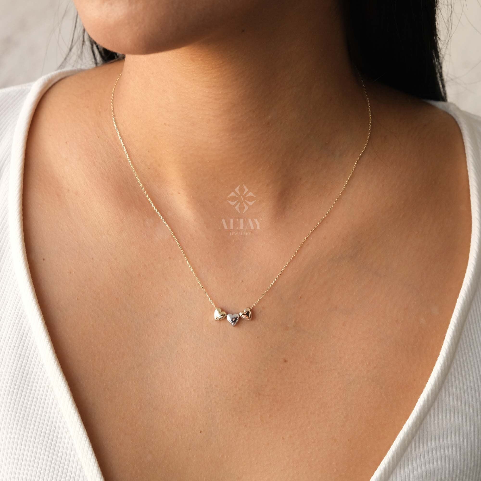 14K Gold Three Heart Necklace, Heart Love Pendant, Tricolor Gold Triple Heart Charm Pendant, Floating Hearts Necklace, All My Heart