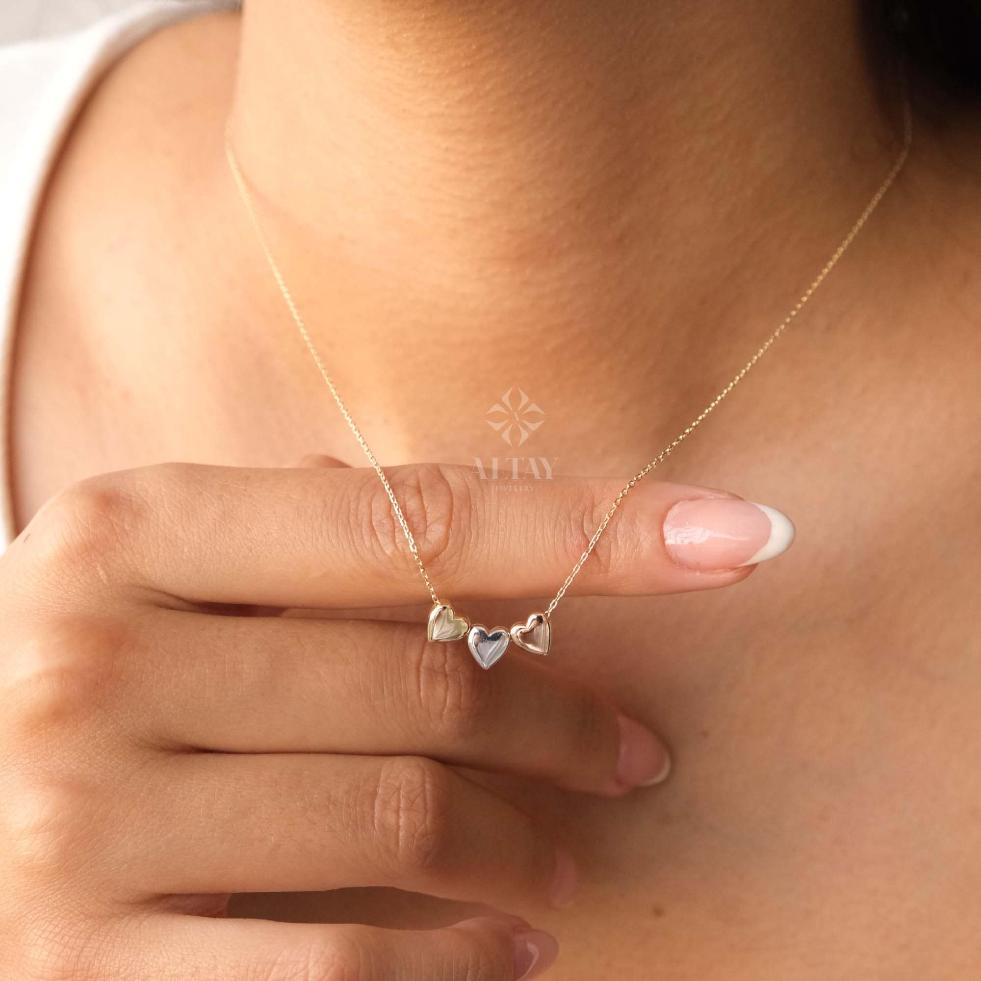 14K Gold Three Heart Necklace, Heart Love Pendant, Tricolor Gold Triple Heart Charm Pendant, Floating Hearts Necklace, All My Heart