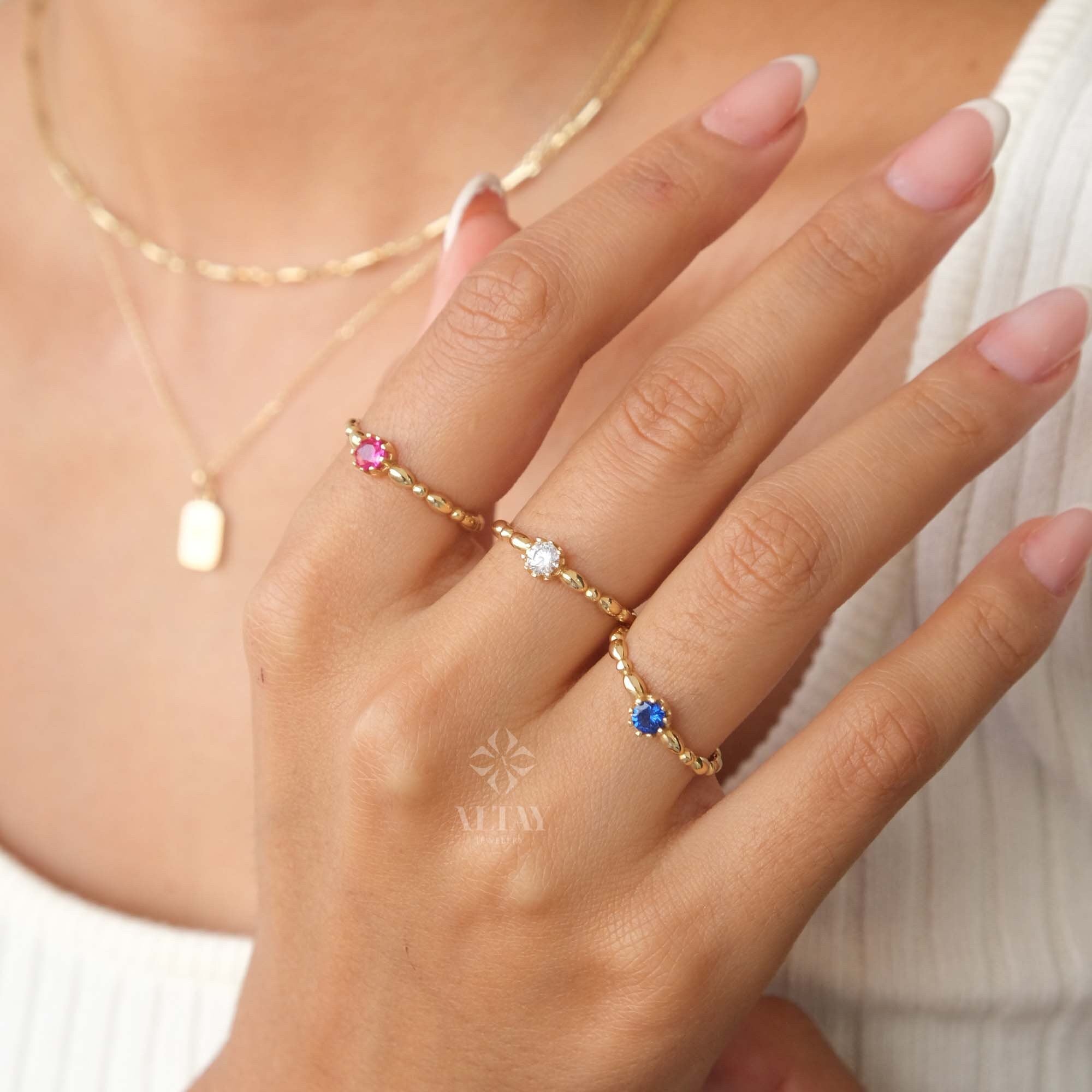 14K Gold Solitaire Birthstone Ring, Birthstone Solo Personalized Ring, Custom Gemstone Ring, Beaded Knuckle Band, Stacking Wedding Ring