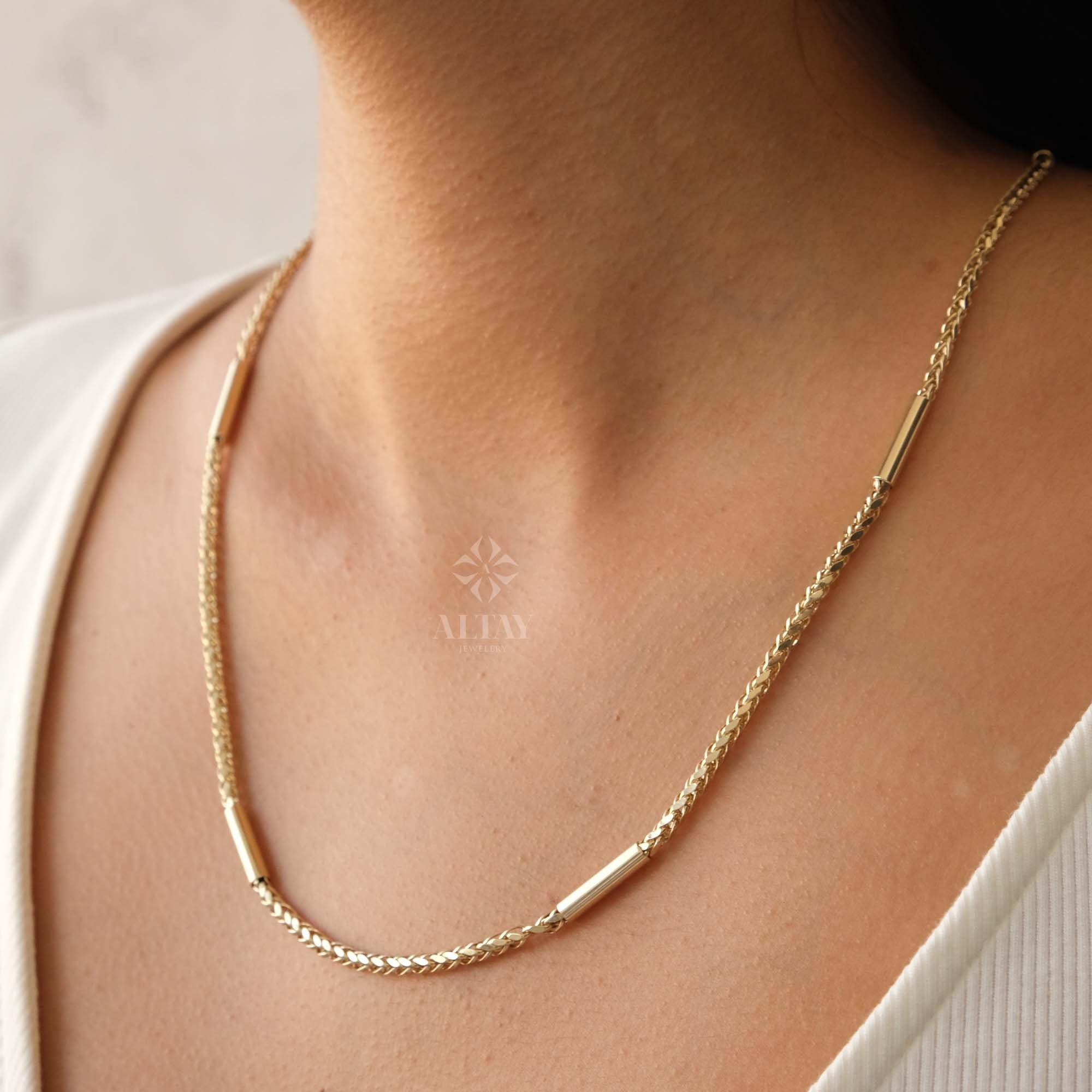 14K Gold Palm Franco Chain Necklace, Wheat Spiga Link Chain, Solid Gold Unisex Necklace, Layered Everyday Chain