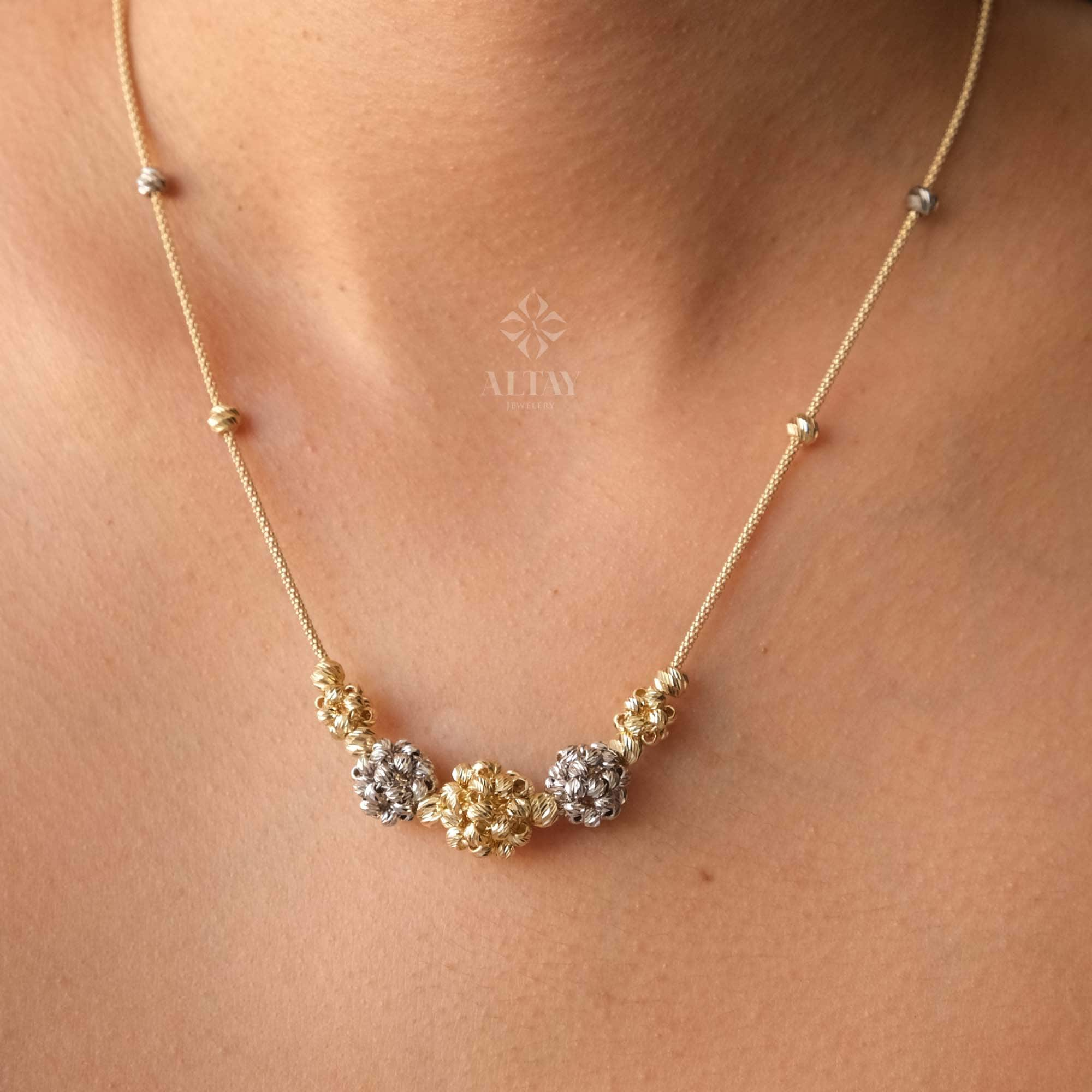 14K Gold Satellite Flower Necklace, Two Tone Ball Chain Necklace, Dainty Beaded Floral Station Necklace, Layering Gold Chain Choker