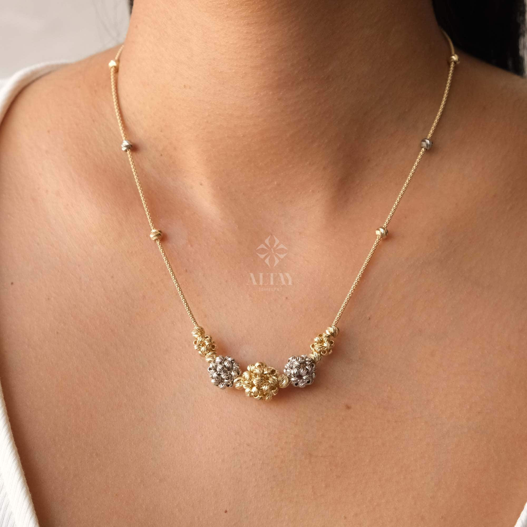 14K Gold Satellite Flower Necklace, Two Tone Ball Chain Necklace, Dainty Beaded Floral Station Necklace, Layering Gold Chain Choker