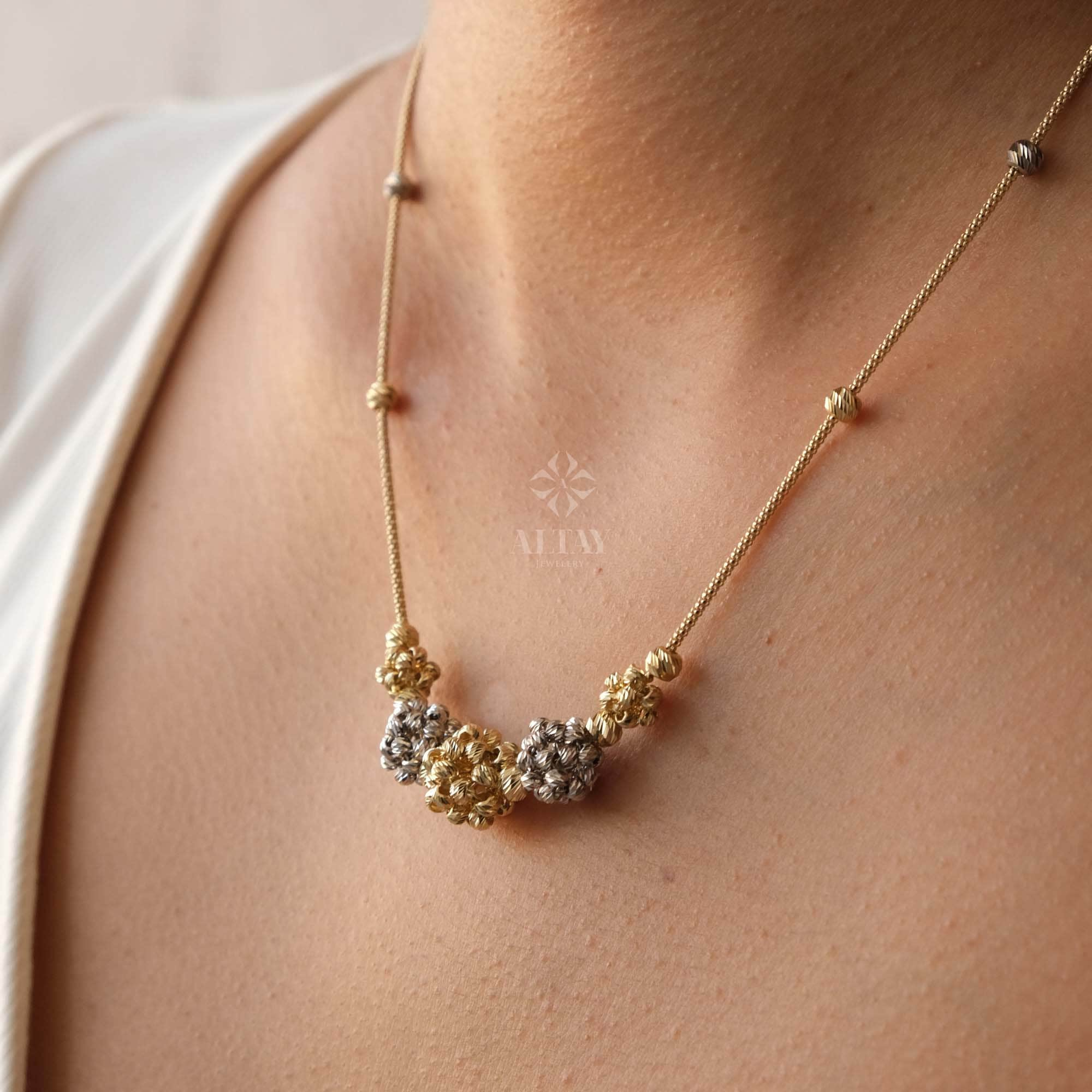 14K Gold Satellite Flower Necklace, Two Tone Ball Chain Necklace, Dainty Beaded Floral Station Necklace, Layering Gold Chain Choker