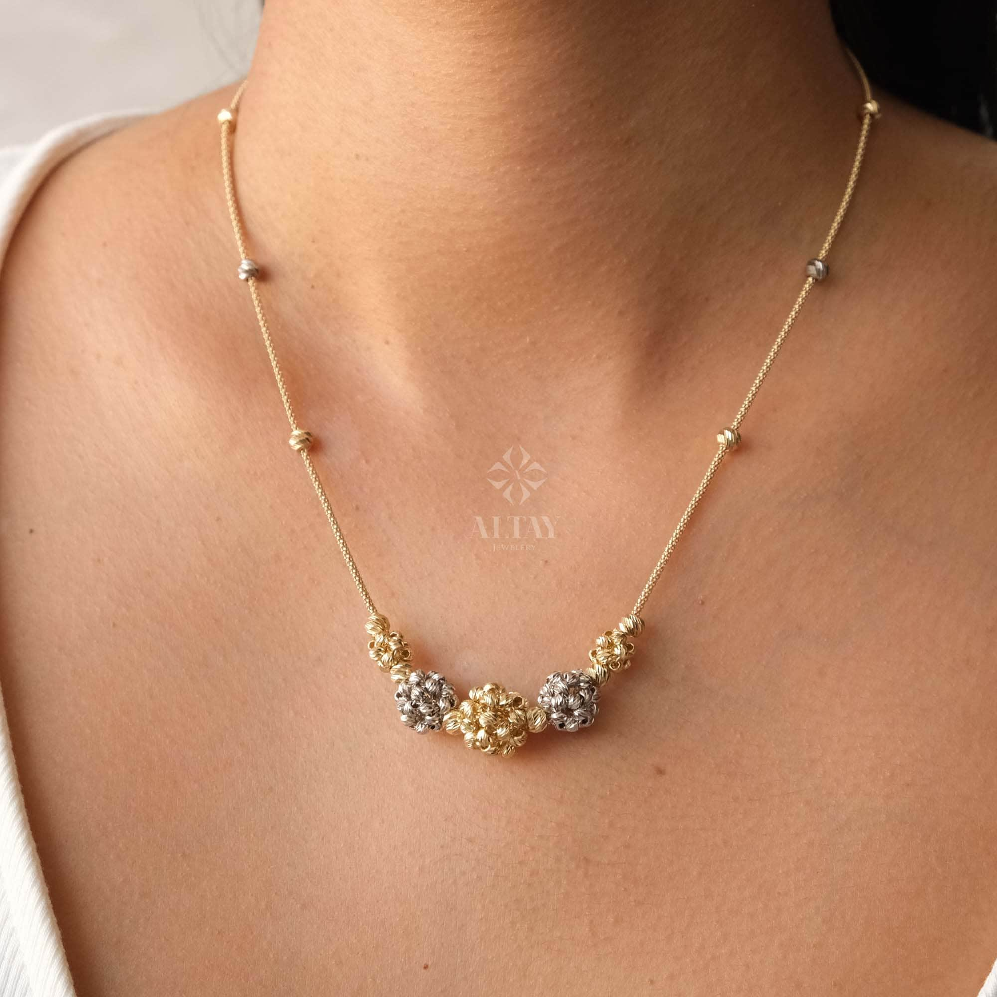 14K Gold Satellite Flower Necklace, Two Tone Ball Chain Necklace, Dainty Beaded Floral Station Necklace, Layering Gold Chain Choker