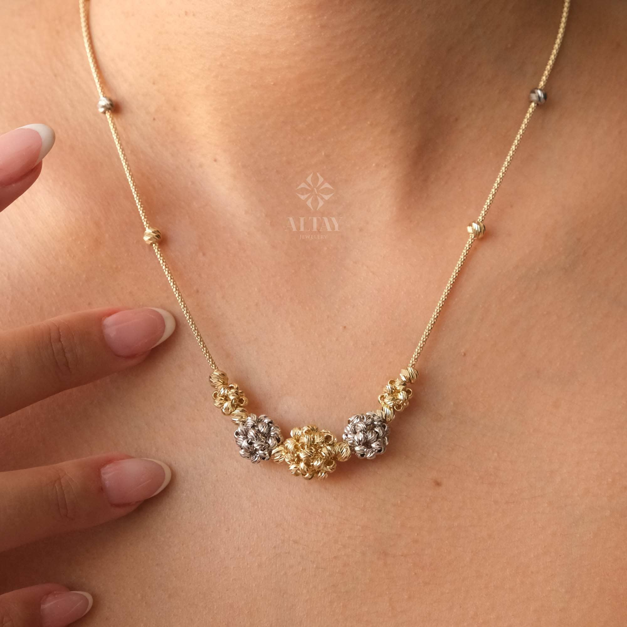 14K Gold Satellite Flower Necklace, Two Tone Ball Chain Necklace, Dainty Beaded Floral Station Necklace, Layering Gold Chain Choker