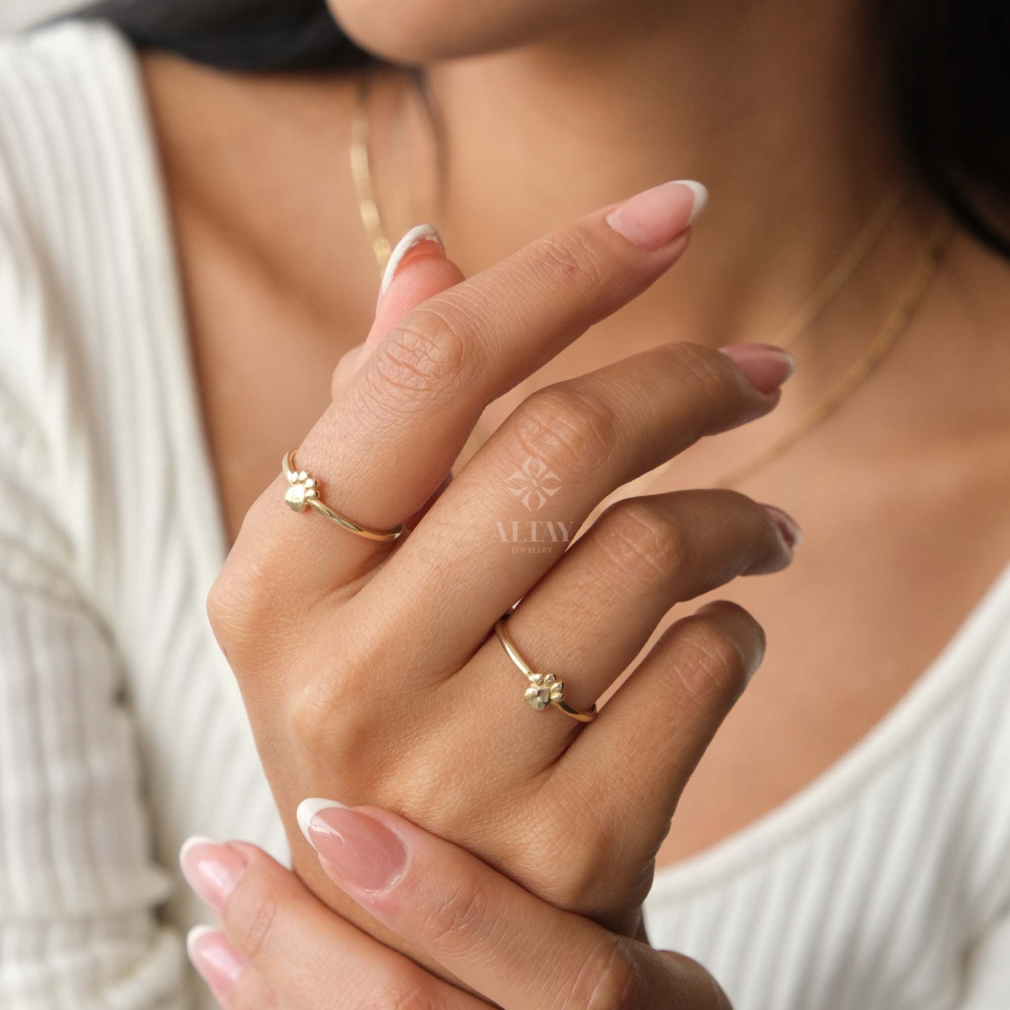 14K Gold Paw Print Ring, Puppy Paw Ring, Small Dog Cat Lover Charm Ring, Engraved Initial Stacking Band Ring, Personalized Memorial Gift