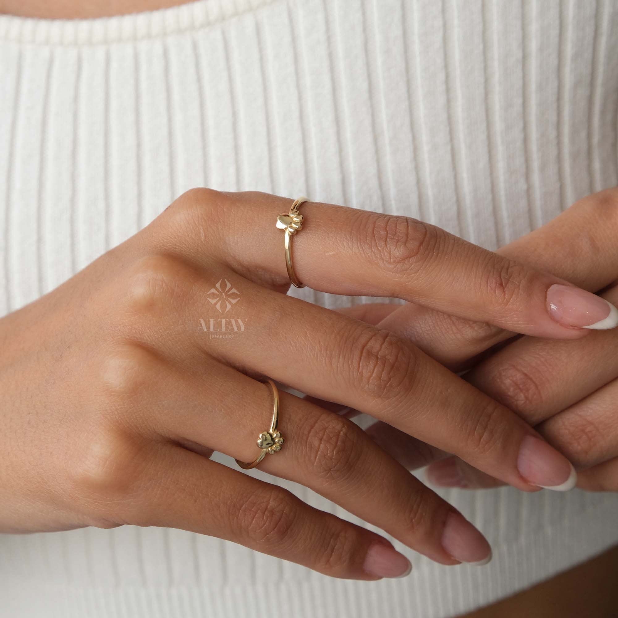 14K Gold Paw Print Ring, Puppy Paw Ring, Small Dog Cat Lover Charm Ring, Engraved Initial Stacking Band Ring, Personalized Memorial Gift