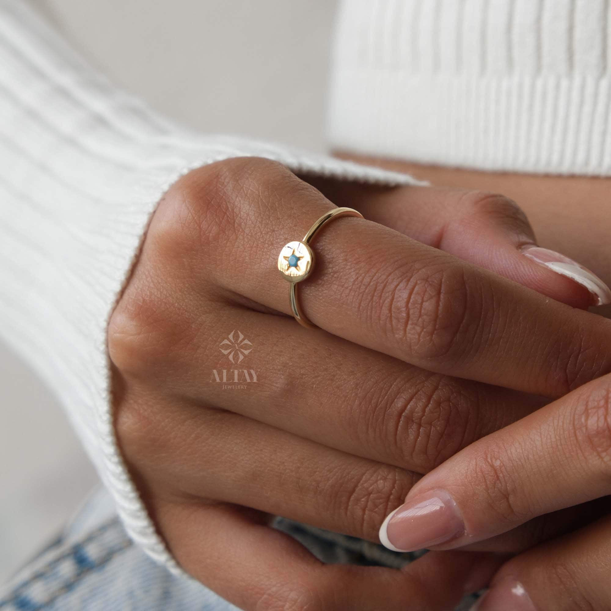 14K Gold North Star Ring, Turquoise Polar Star Band, Round Turquoise Star Ring, Astrology Starburst Ring, Luck Star, Celestial Pinky Ring