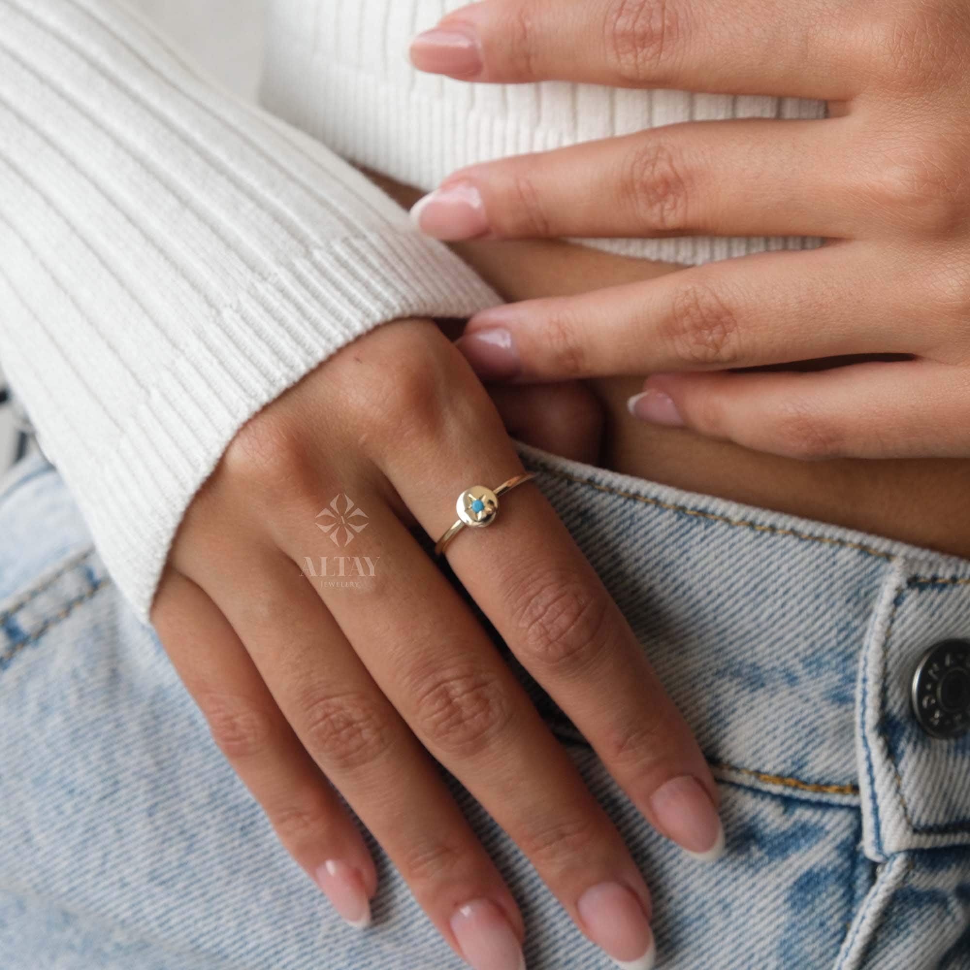 14K Gold Star Ring, Tiny Pinky Star Ring, Turquoise Polar Star Band, Round North Star Ring, Celestial Dainty Ring, Minimalist Matching Ring