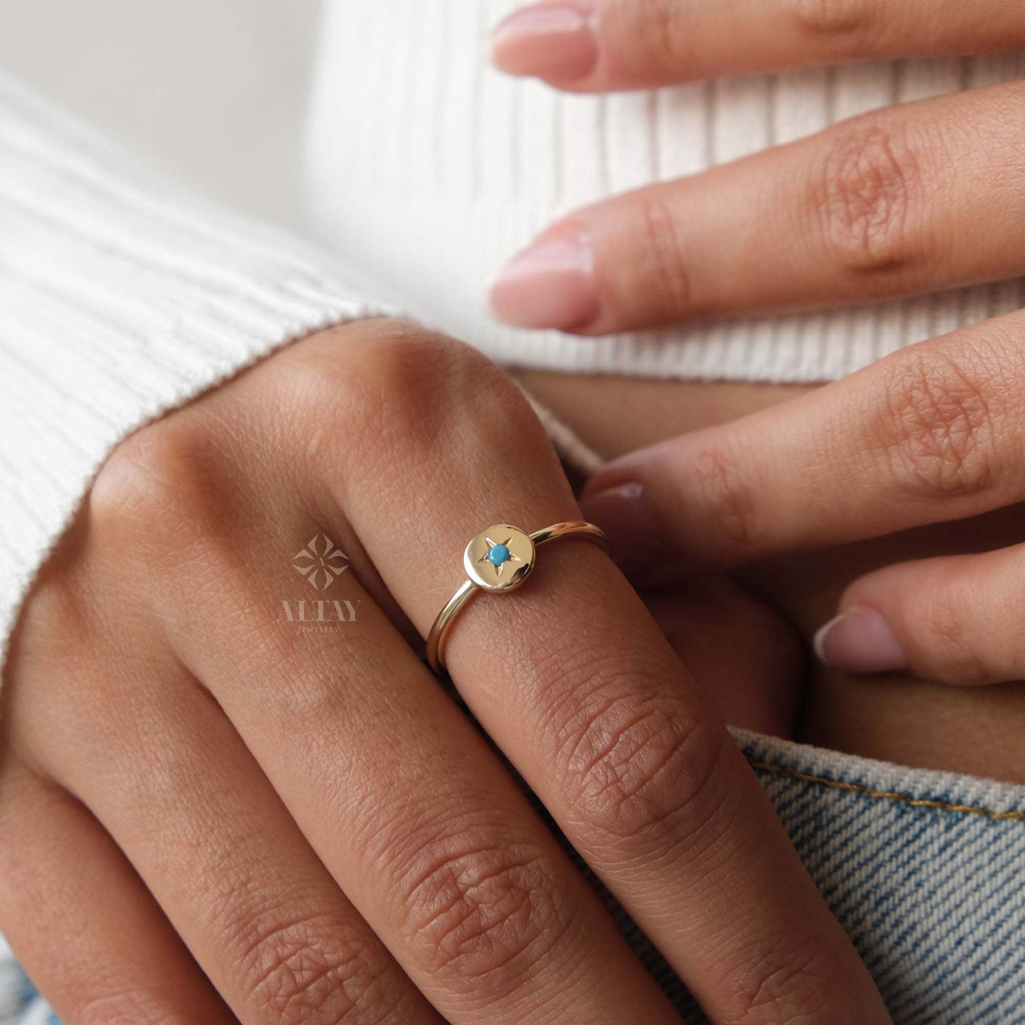 14K Gold Star Ring, Tiny Pinky Star Ring, Turquoise Polar Star Band, Round North Star Ring, Celestial Dainty Ring, Minimalist Matching Ring