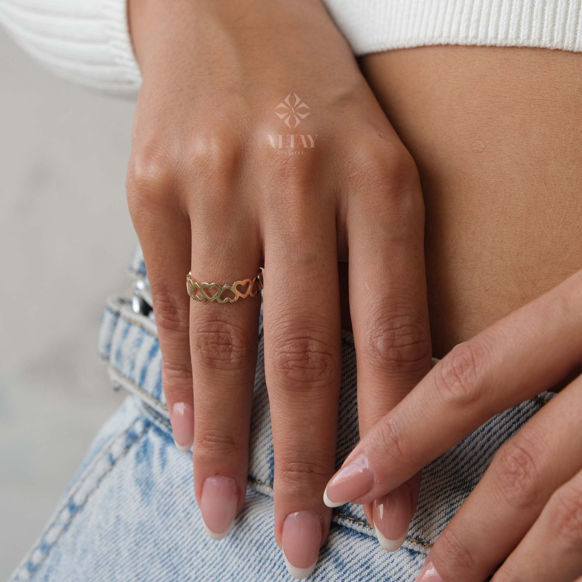 14K Gold Open Heart Ring, Multi Heart Love Ring, Half Eternity Heart Ring, Dainty Stacking Band Ring, Minimalist Unique Gold Ring