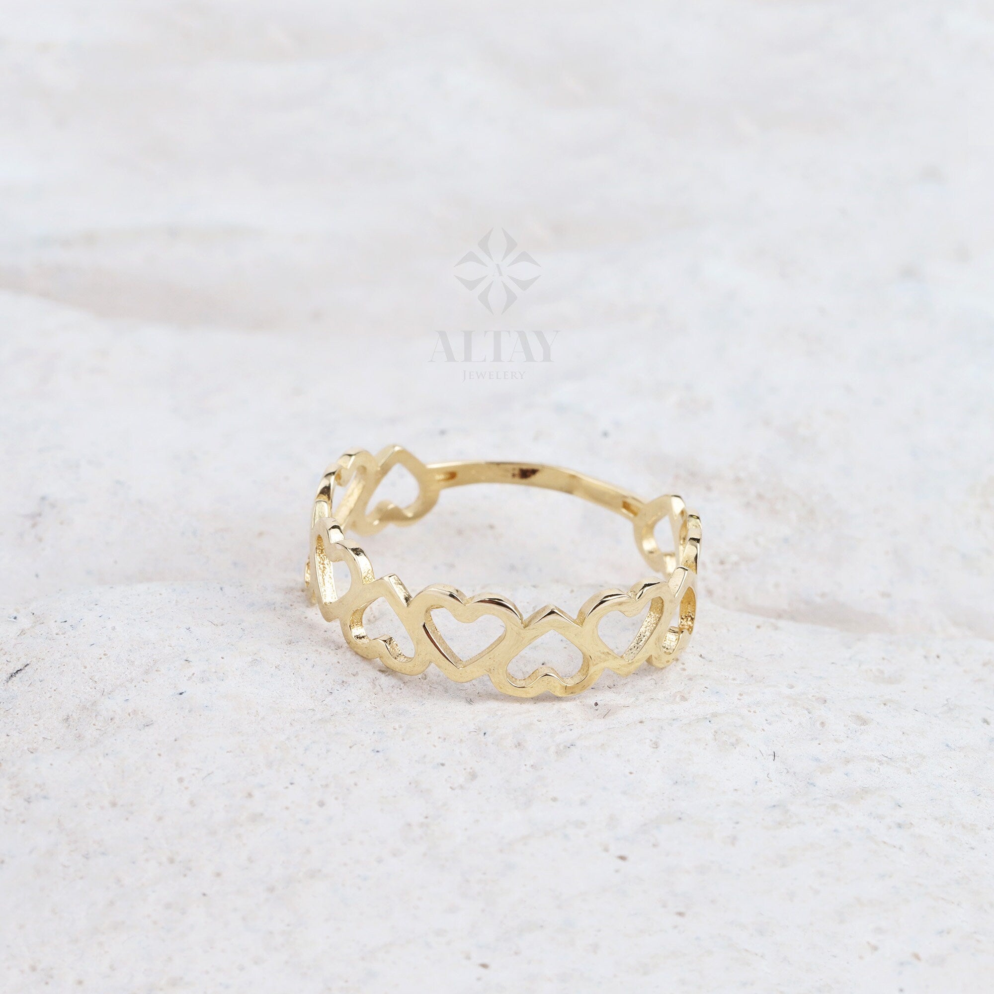 14K Gold Open Heart Ring, Multi Heart Love Ring, Half Eternity Heart Ring, Dainty Stacking Band Ring, Minimalist Unique Gold Ring