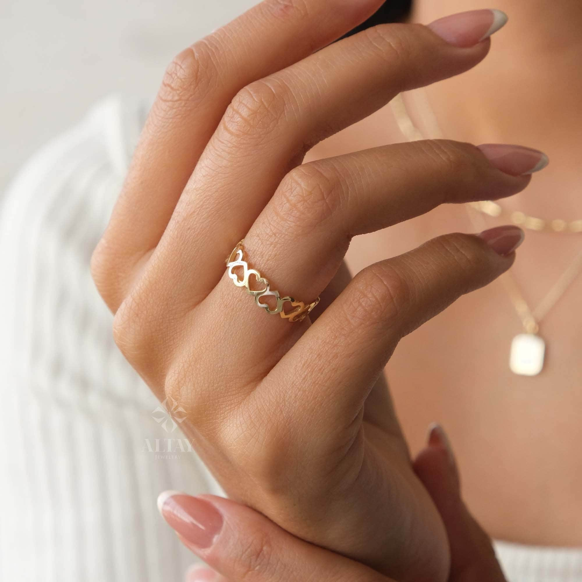 14K Gold Open Heart Ring, Multi Heart Love Ring, Half Eternity Heart Ring, Dainty Stacking Band Ring, Minimalist Unique Gold Ring