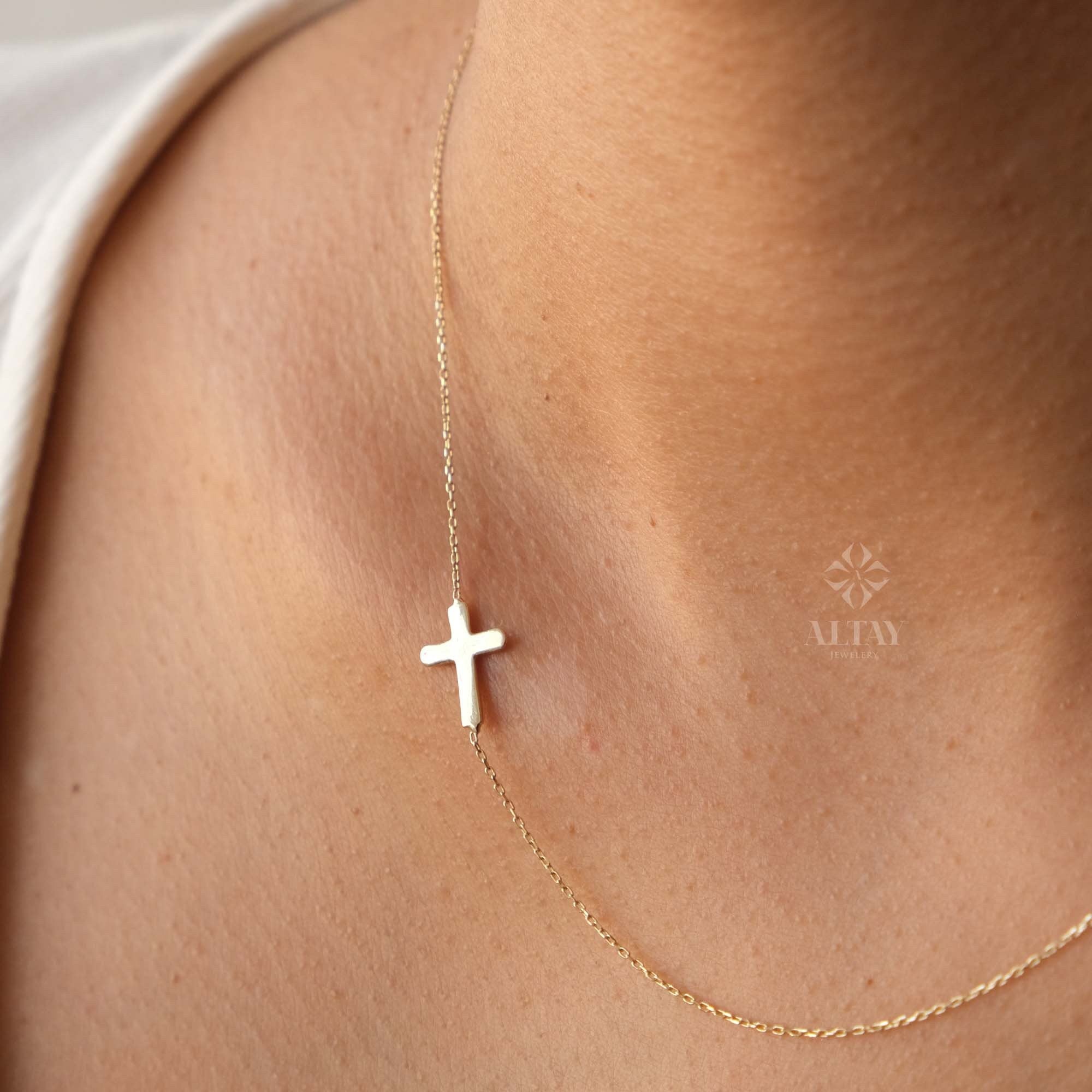 14K Gold Sideways Cross Necklace, Dainty Gold Cross Necklace, Jesus Christ Religious Jewelry, Christening Baptism Gift, Tiny Cross Charm