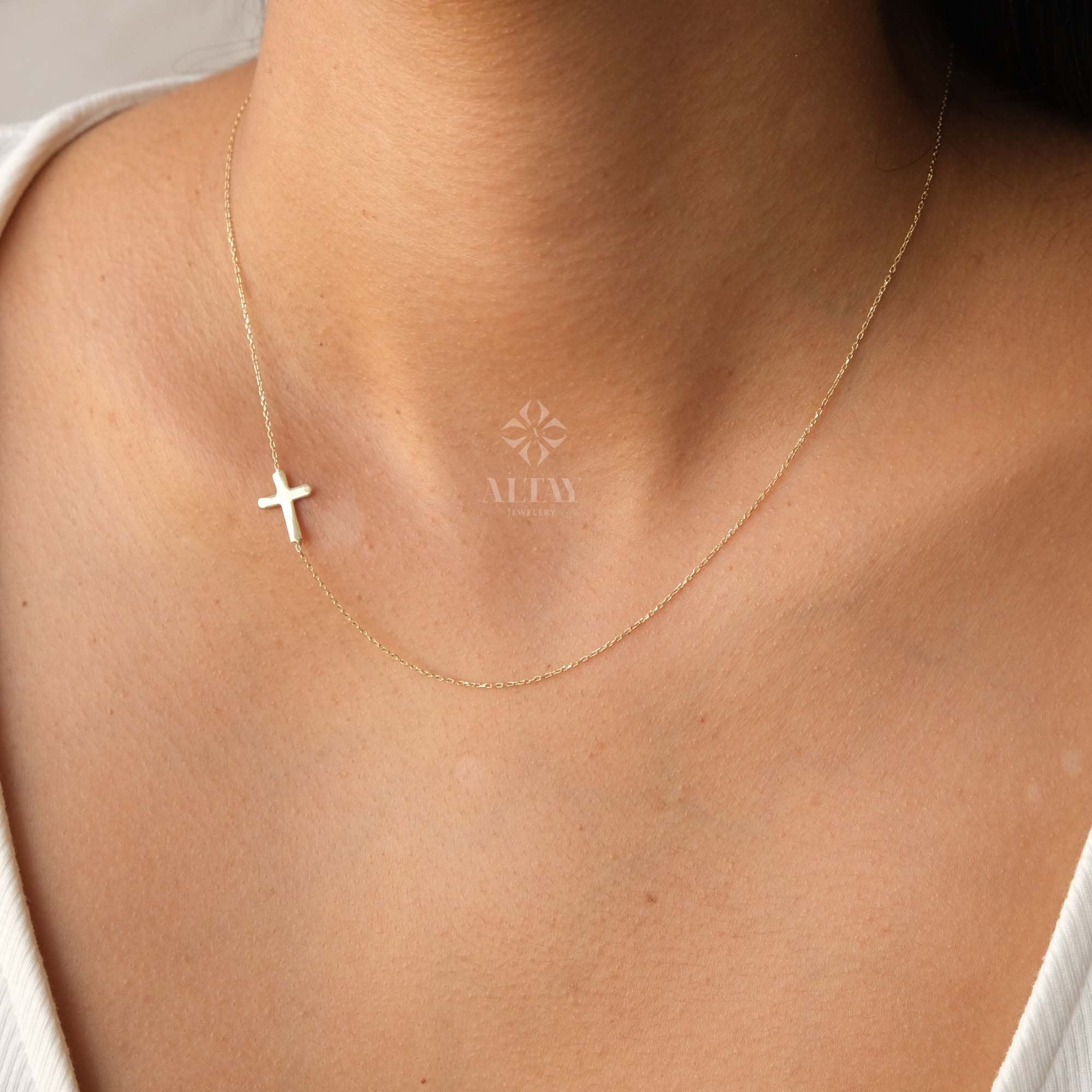 14K Gold Sideways Cross Necklace, Dainty Gold Cross Necklace, Jesus Christ Religious Jewelry, Christening Baptism Gift, Tiny Cross Charm