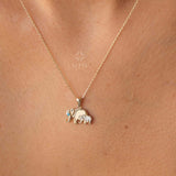 14K Gold Elephant Necklace, Mother Elephant Luck Charm Necklace
