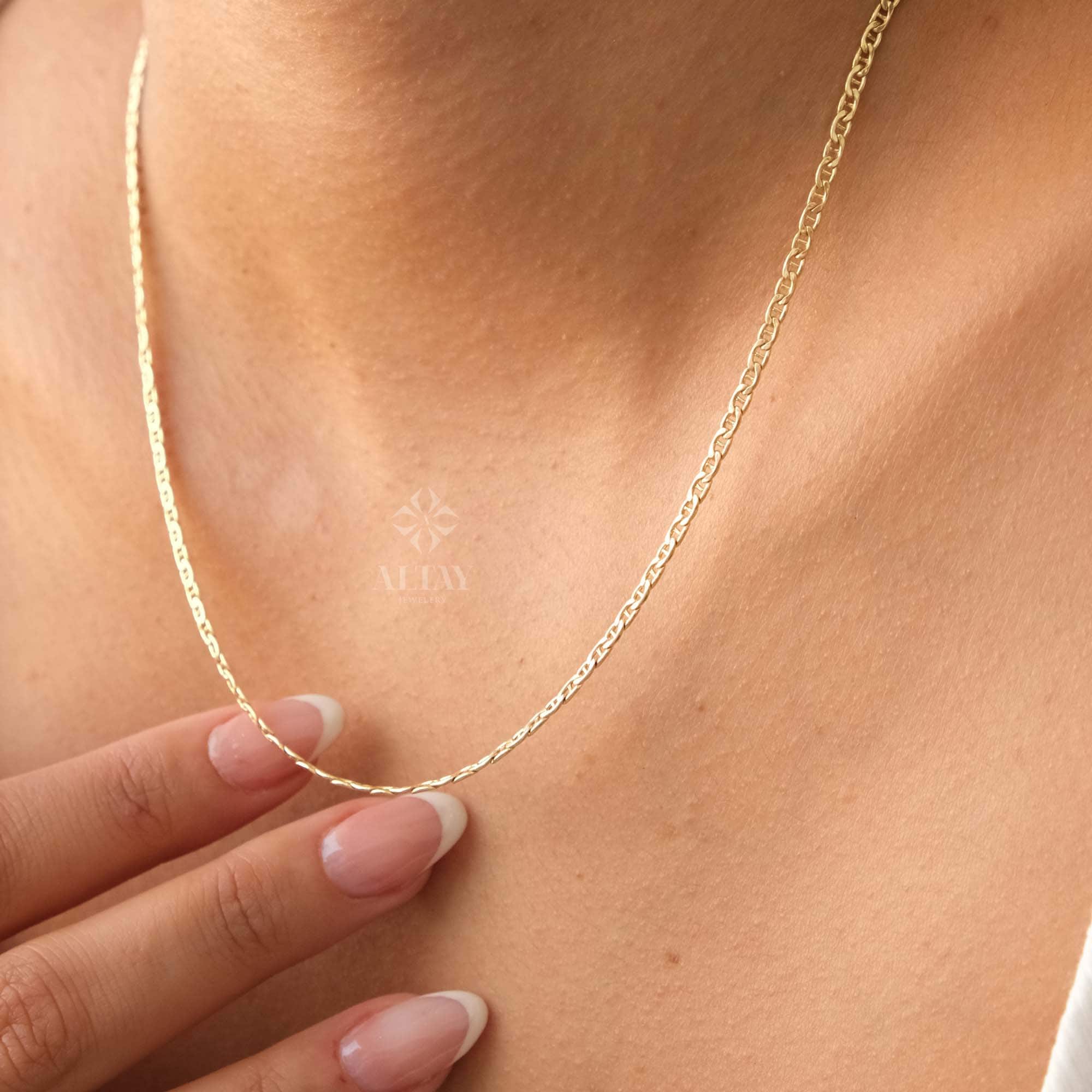 14K Gold Mariner Chain Necklace, 2mm Mariner Link Chain Necklace, Anchor Link Necklace, Flat Mariner Necklace, Minimalist Layering Necklace