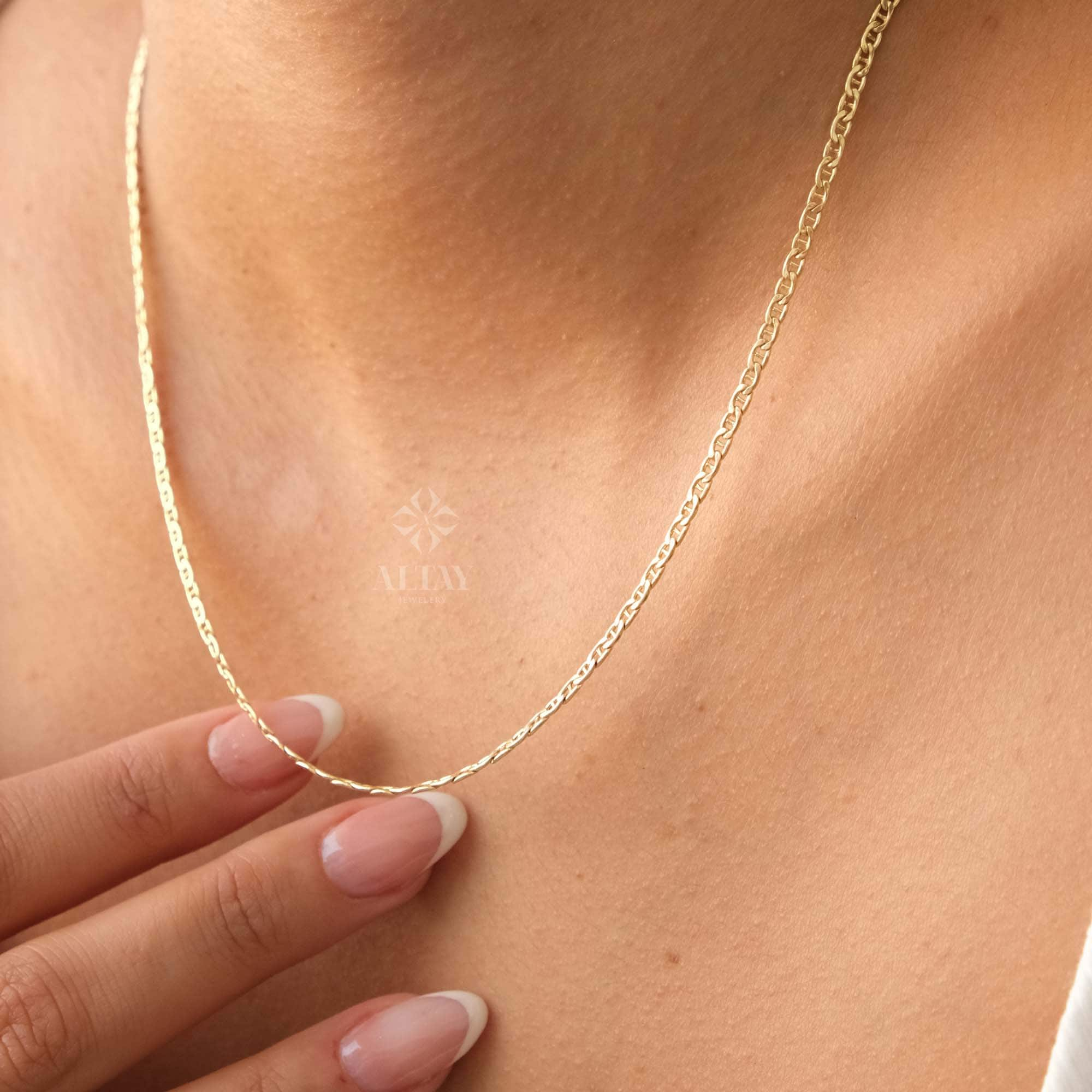 14K Gold Mariner Chain Necklace, 2mm Mariner Link Chain Necklace, Anchor Link Choker, Flat Mariner Necklace, Minimalist Layering Necklace