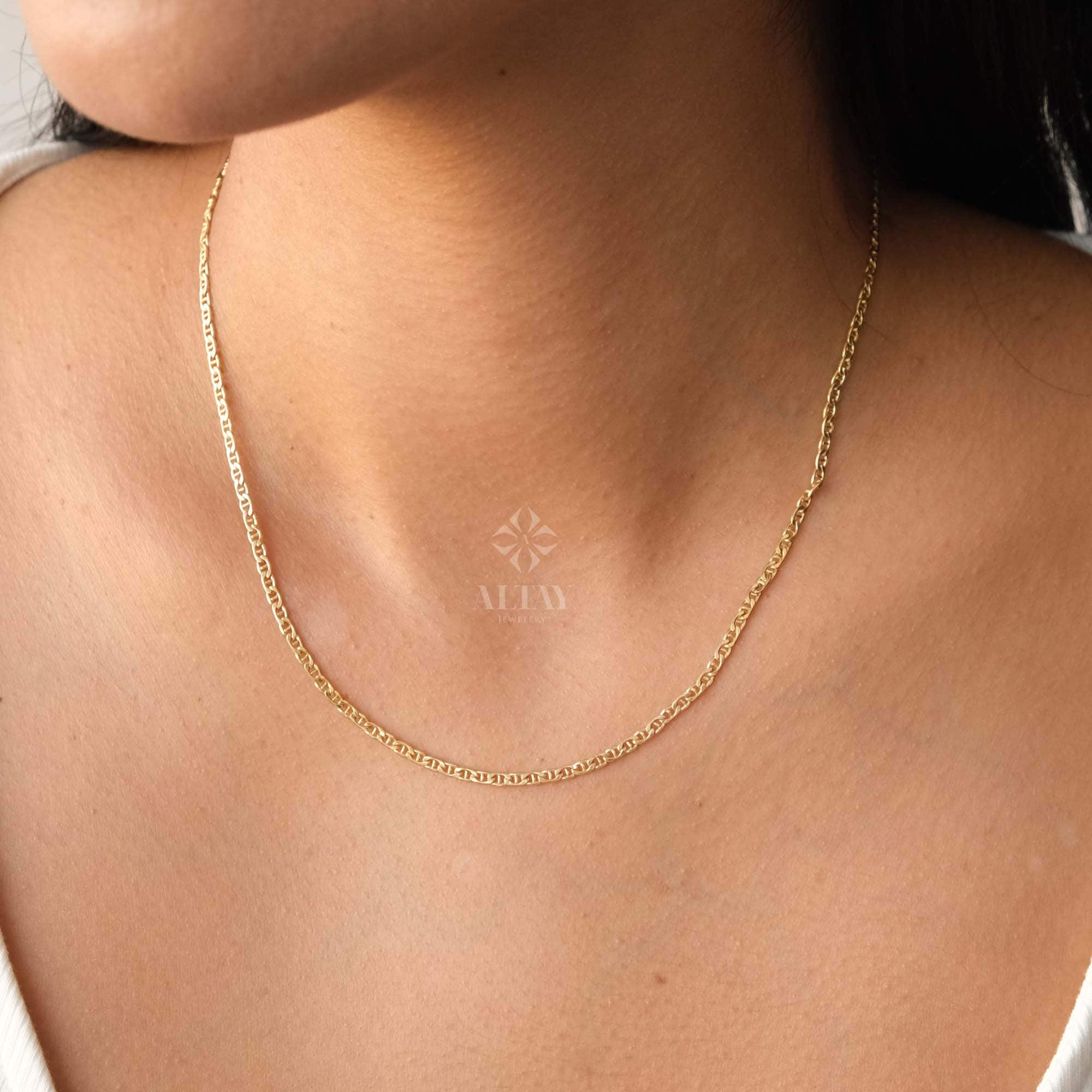 14K Gold Mariner Chain Necklace, 2mm Mariner Link Chain Necklace, Anchor Link Choker, Flat Mariner Necklace, Minimalist Layering Necklace