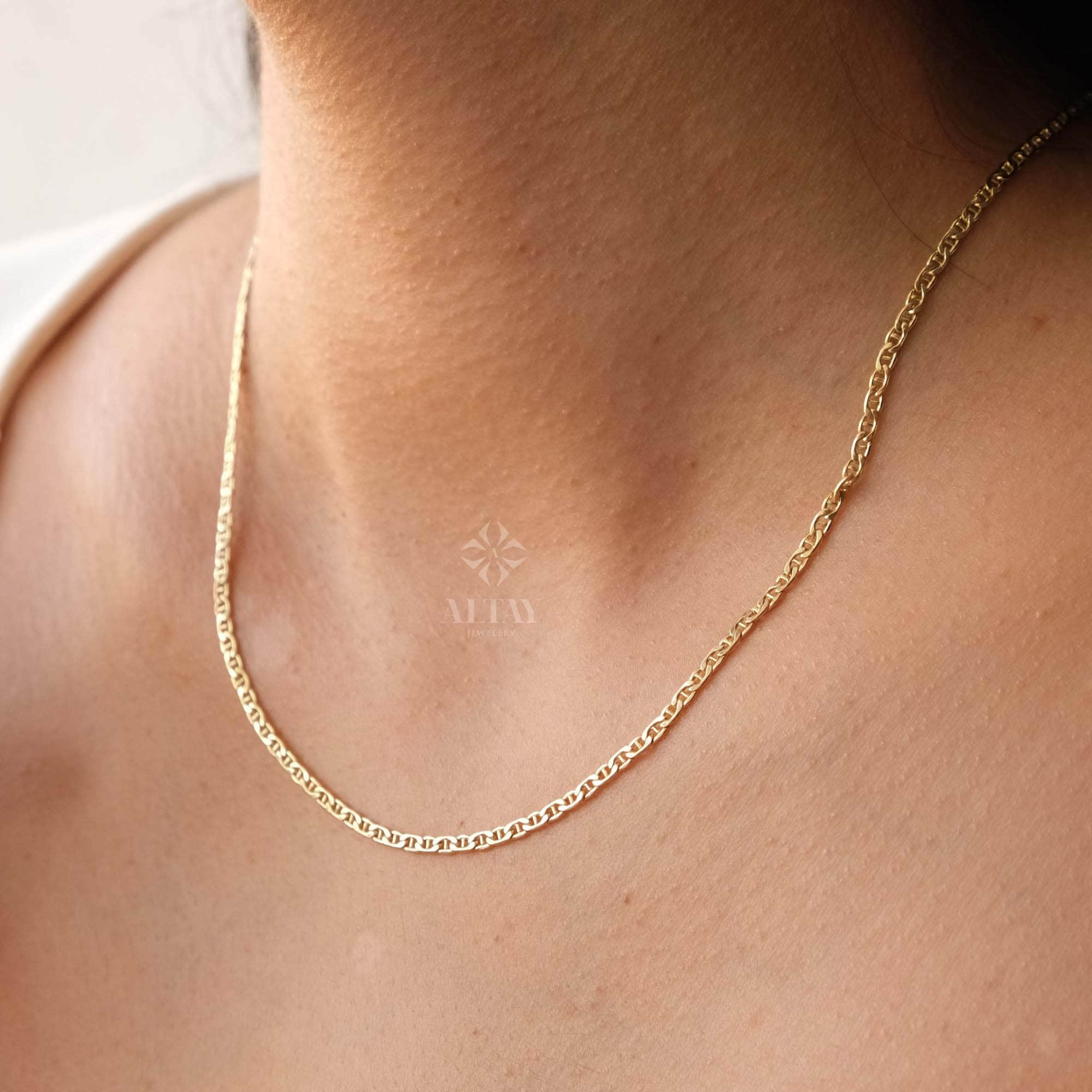 14K Gold Mariner Chain Necklace, 2mm Mariner Link Chain Necklace, Anchor Link Choker, Flat Mariner Necklace, Minimalist Layering Necklace