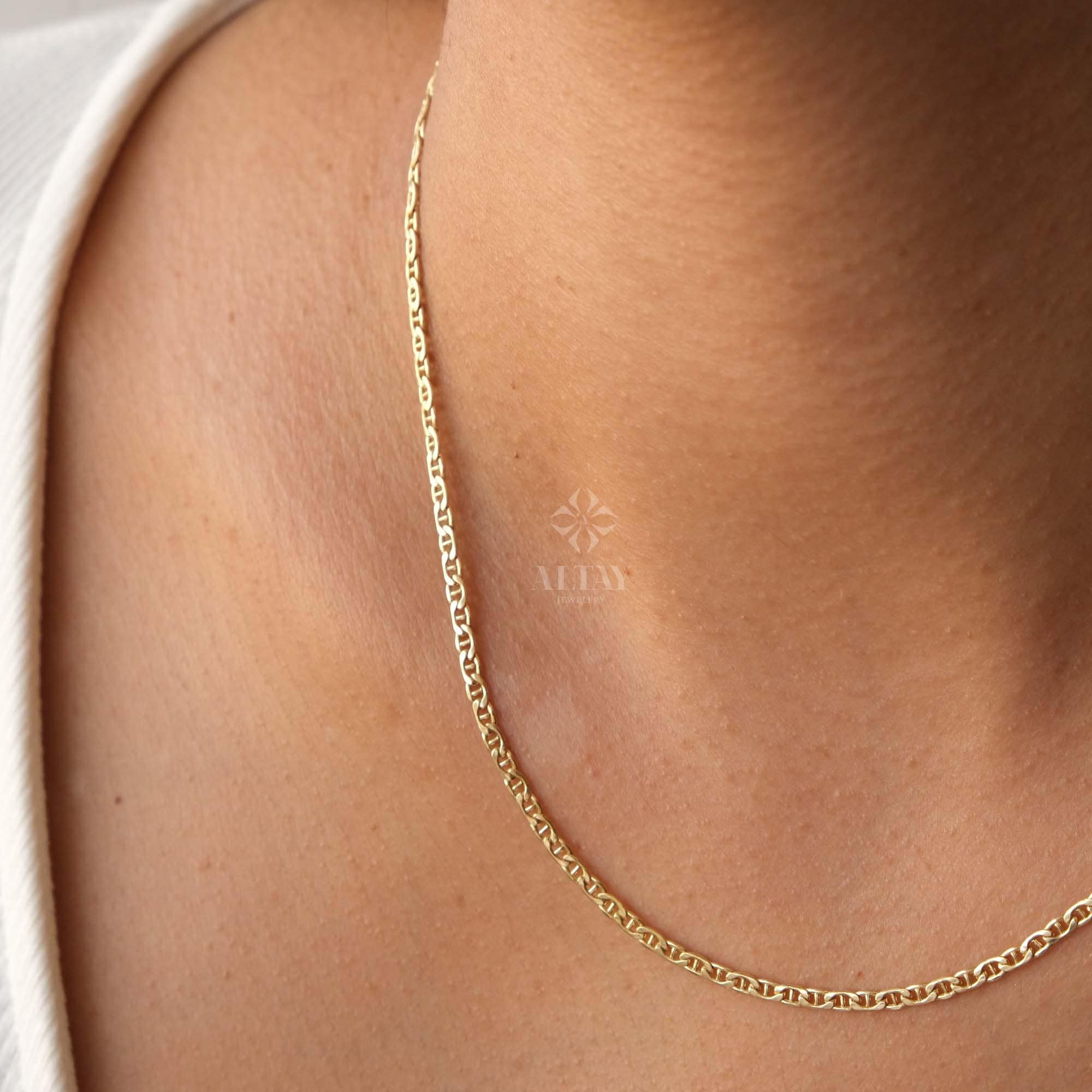 14K Gold Mariner Chain Necklace, 2mm Mariner Link Chain Necklace, Anchor Link Choker, Flat Mariner Necklace, Minimalist Layering Necklace