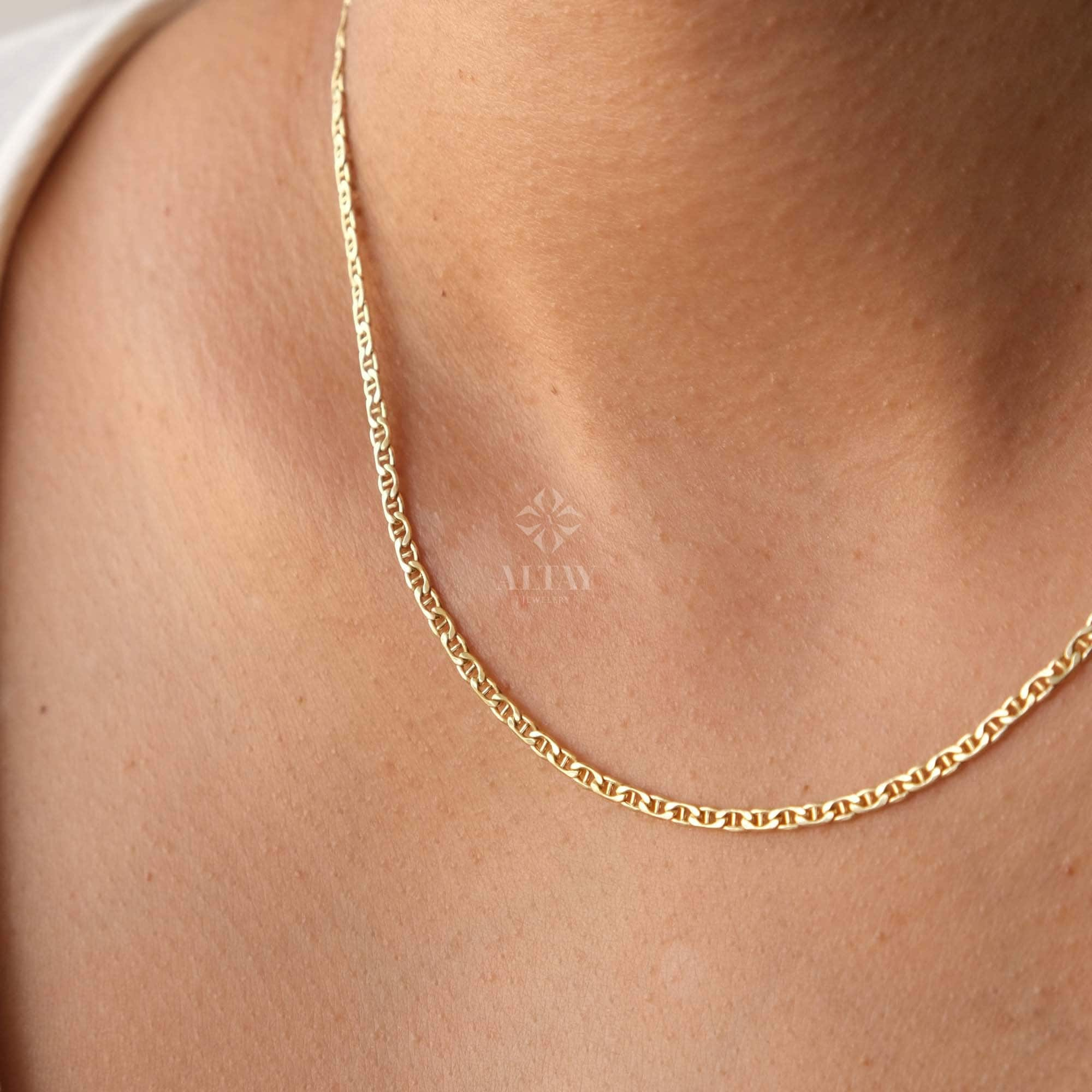 14K Gold Mariner Chain Necklace, 2mm Mariner Link Chain Necklace, Anchor Link Choker, Flat Mariner Necklace, Minimalist Layering Necklace