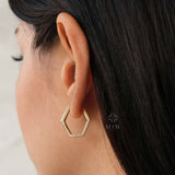 14K Gold Hoop Earring, Hexagon Gold Hoops