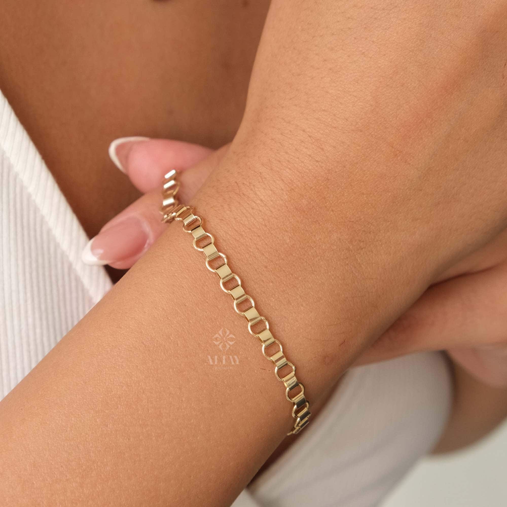 14K Gold Rolo Chain Bracelet, 5mm Gold Link Belcher Chain Bracelet, Belt Link Charm Bracelet, Minimal Delicate Round Bracelet, Women, Men