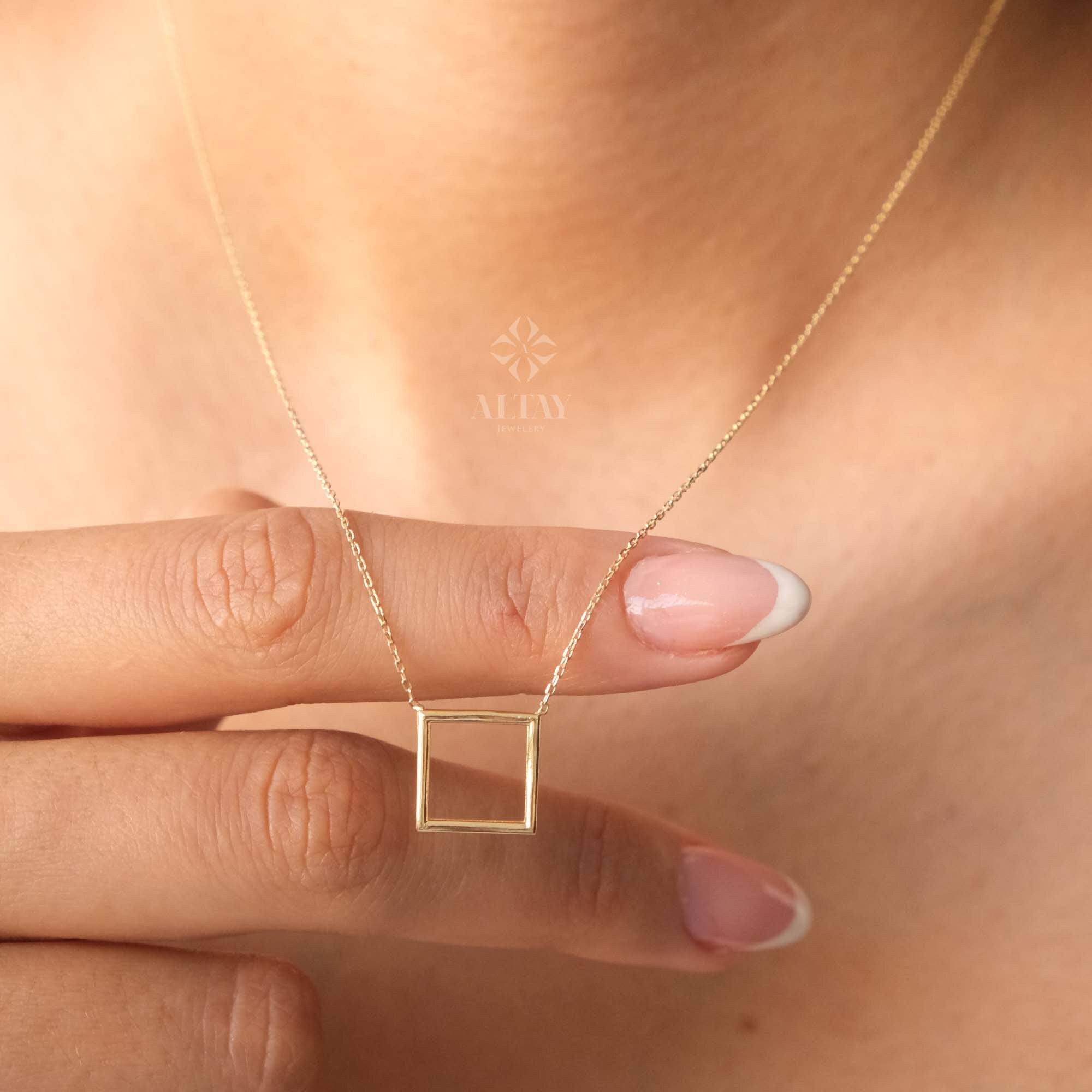 14K Gold Open Square Necklace, Small Square Pendant, Square Charm Choker, Family Necklace, Mini Kite Necklace, Dainty Layering Necklace