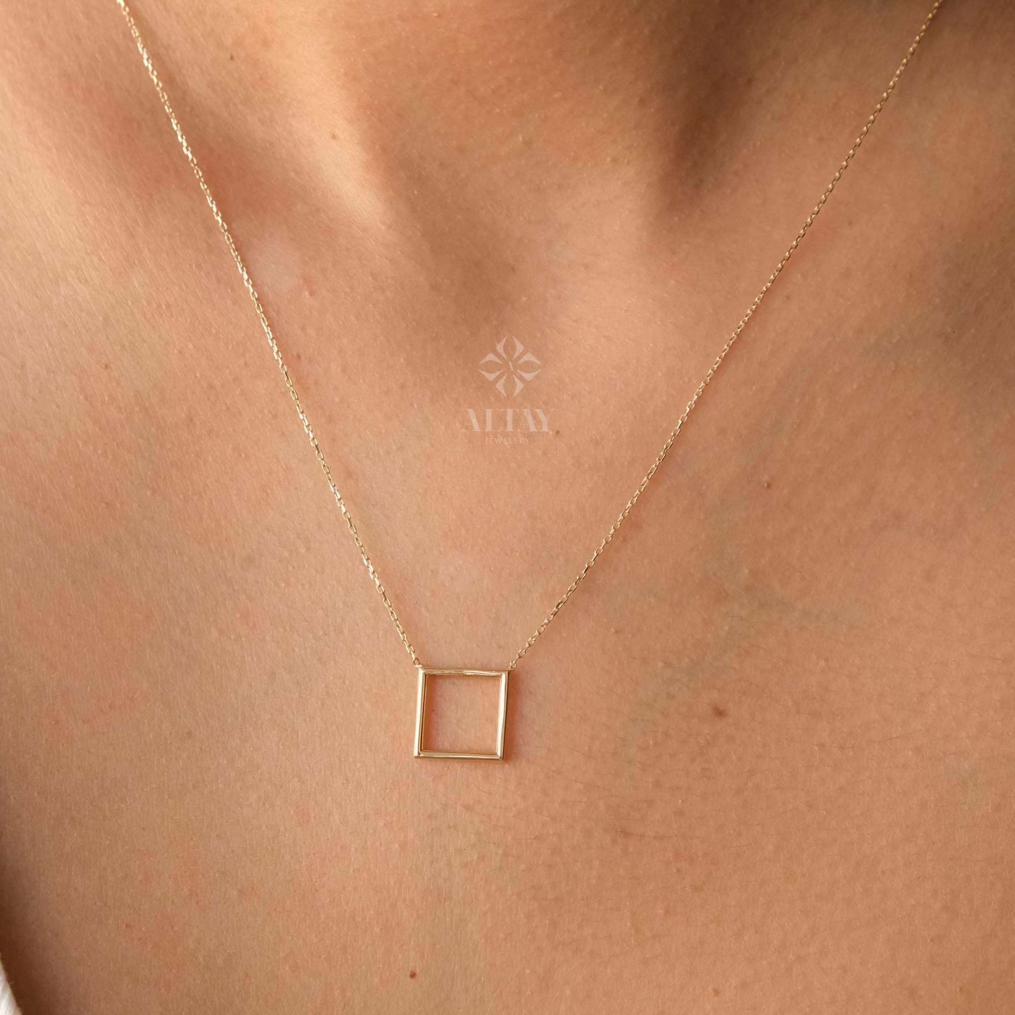 14K Gold Open Square Necklace, Small Square Pendant, Square Charm Choker, Family Necklace, Mini Kite Necklace, Dainty Layering Necklace