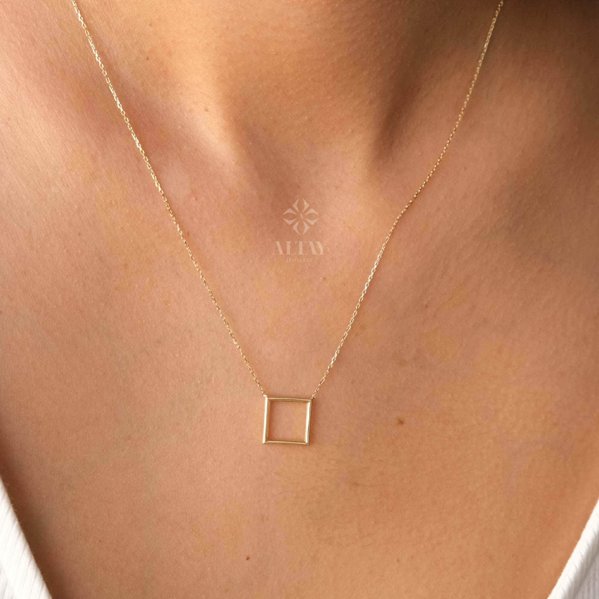 14K Gold Open Square Necklace, Small Square Pendant, Square Charm Choker, Family Necklace, Mini Kite Necklace, Dainty Layering Necklace