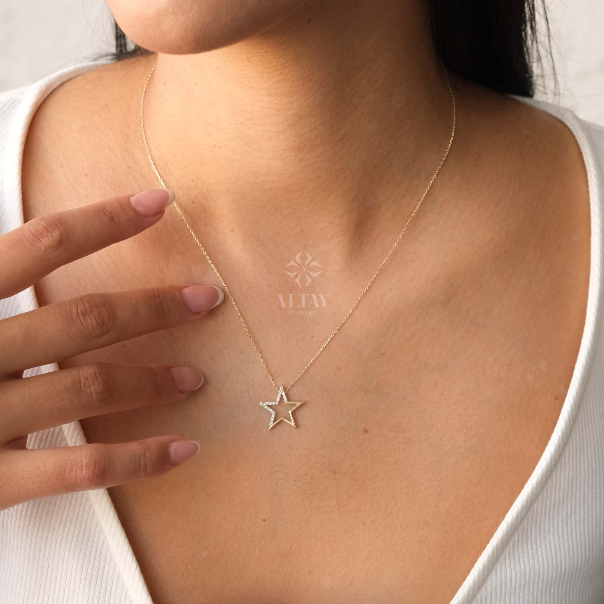 14K Gold Open Star Necklace, Small Star Pendant, Star Charm Choker, Celestial Necklace, Mini Star Necklace, Dainty Layering Necklace