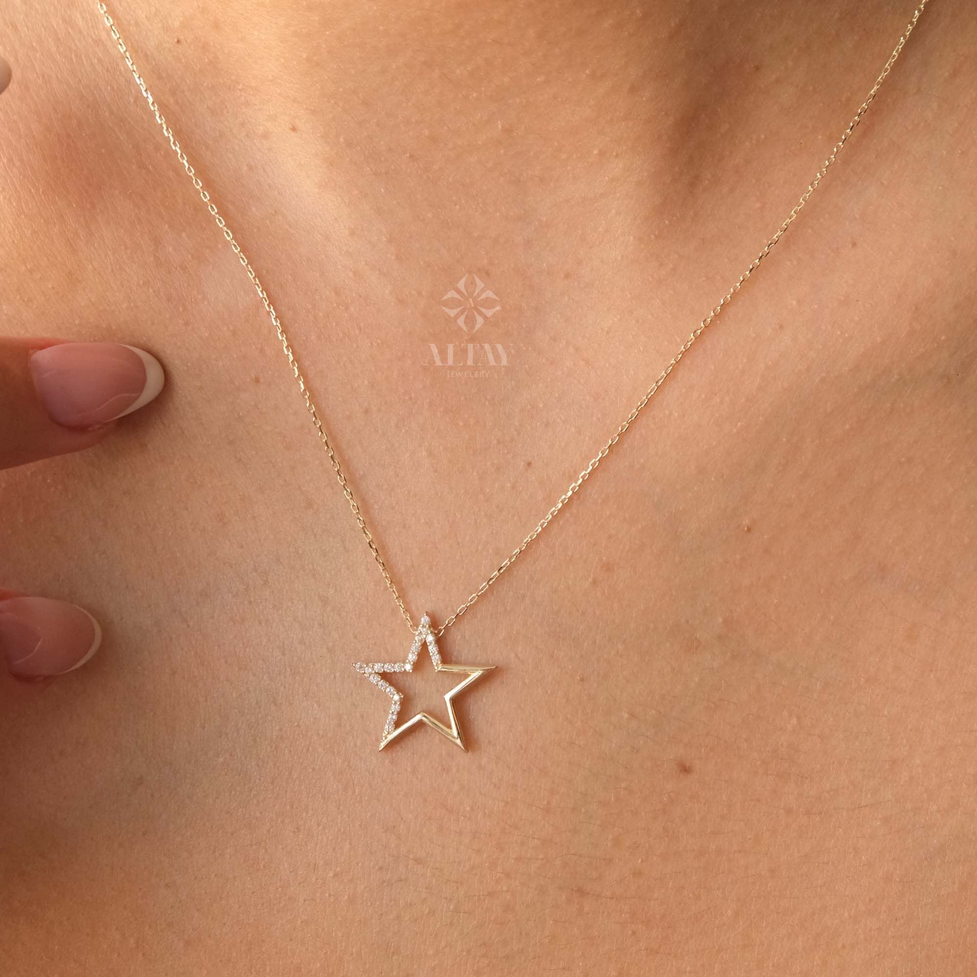 14K Gold Open Star Necklace, Small Star Pendant, Star Charm Choker, Celestial Necklace, Mini Star Necklace, Dainty Layering Necklace