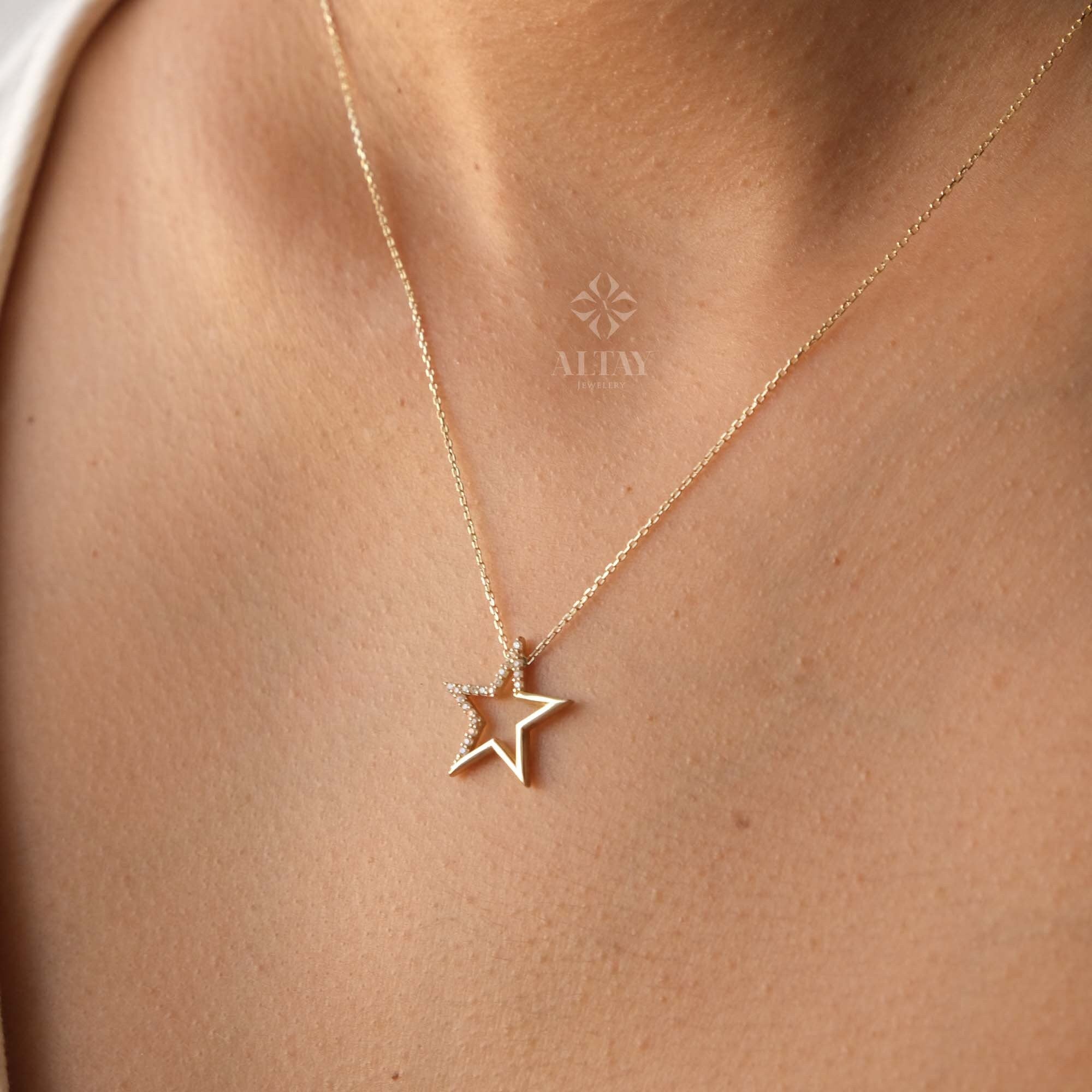 14K Gold Open Star Necklace, Small Star Pendant, Star Charm Choker, Celestial Necklace, Mini Star Necklace, Dainty Layering Necklace