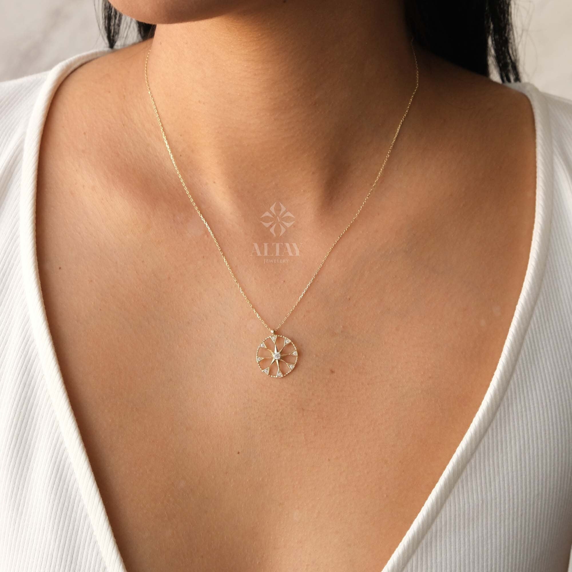 14K Gold Compass Necklace, Polaris Necklace, Travel Necklace, Personalized Compass, Custom North Star Pendant, Celestial Charm Necklace
