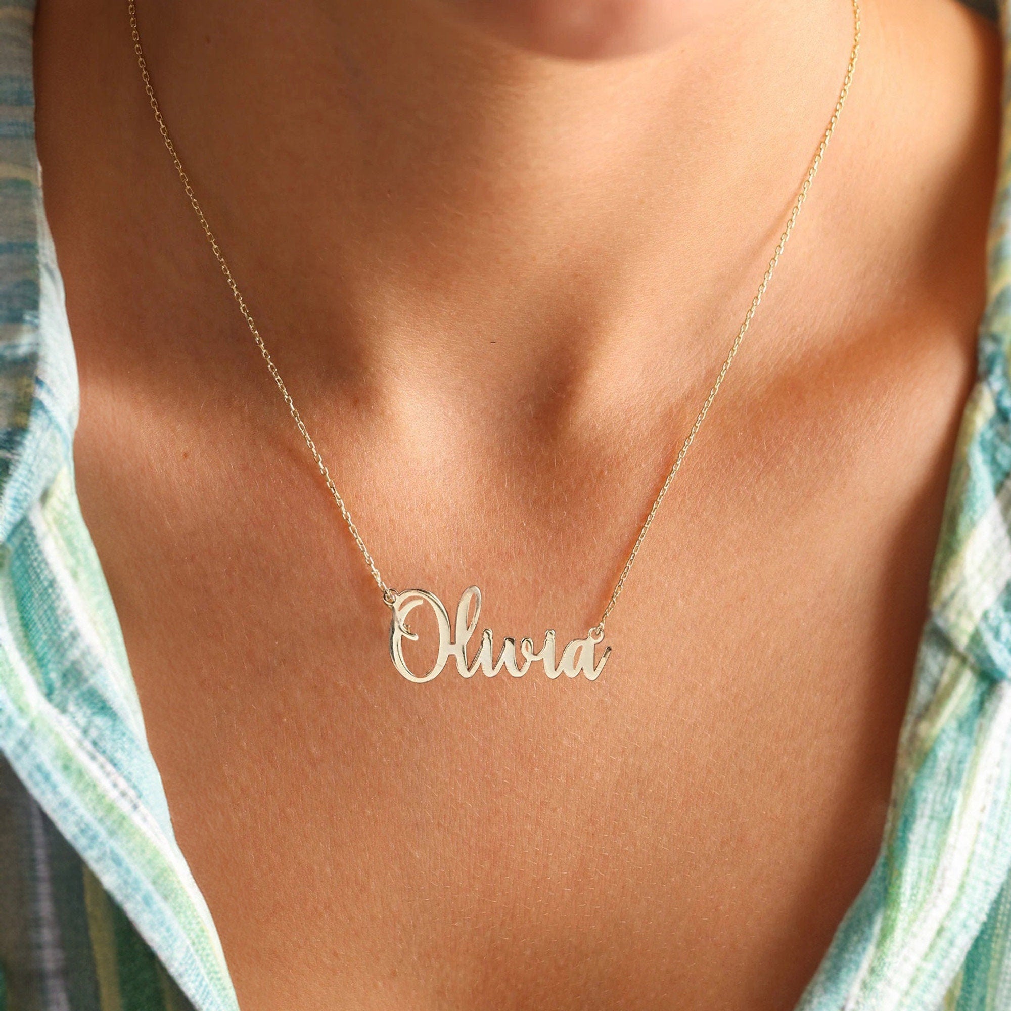 14K Gold Name Necklace, Personalized Name Pendant, Cursive Name Necklace, Dainty Gold Name Plate Necklace, Custom Gift Name Necklace