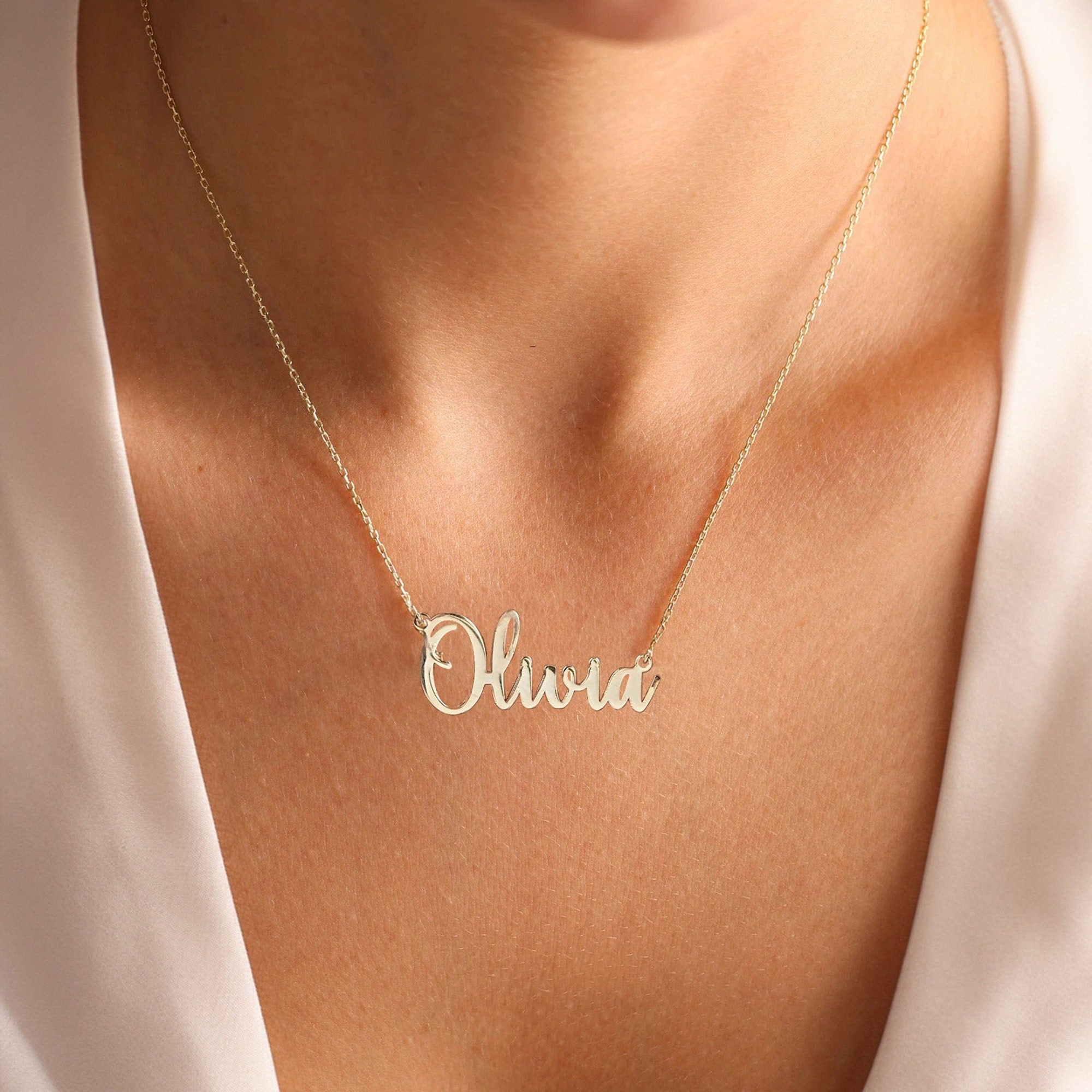 14K Gold Name Necklace, Personalized Name Pendant, Cursive Name Necklace, Dainty Gold Name Plate Necklace, Custom Gift Name Necklace