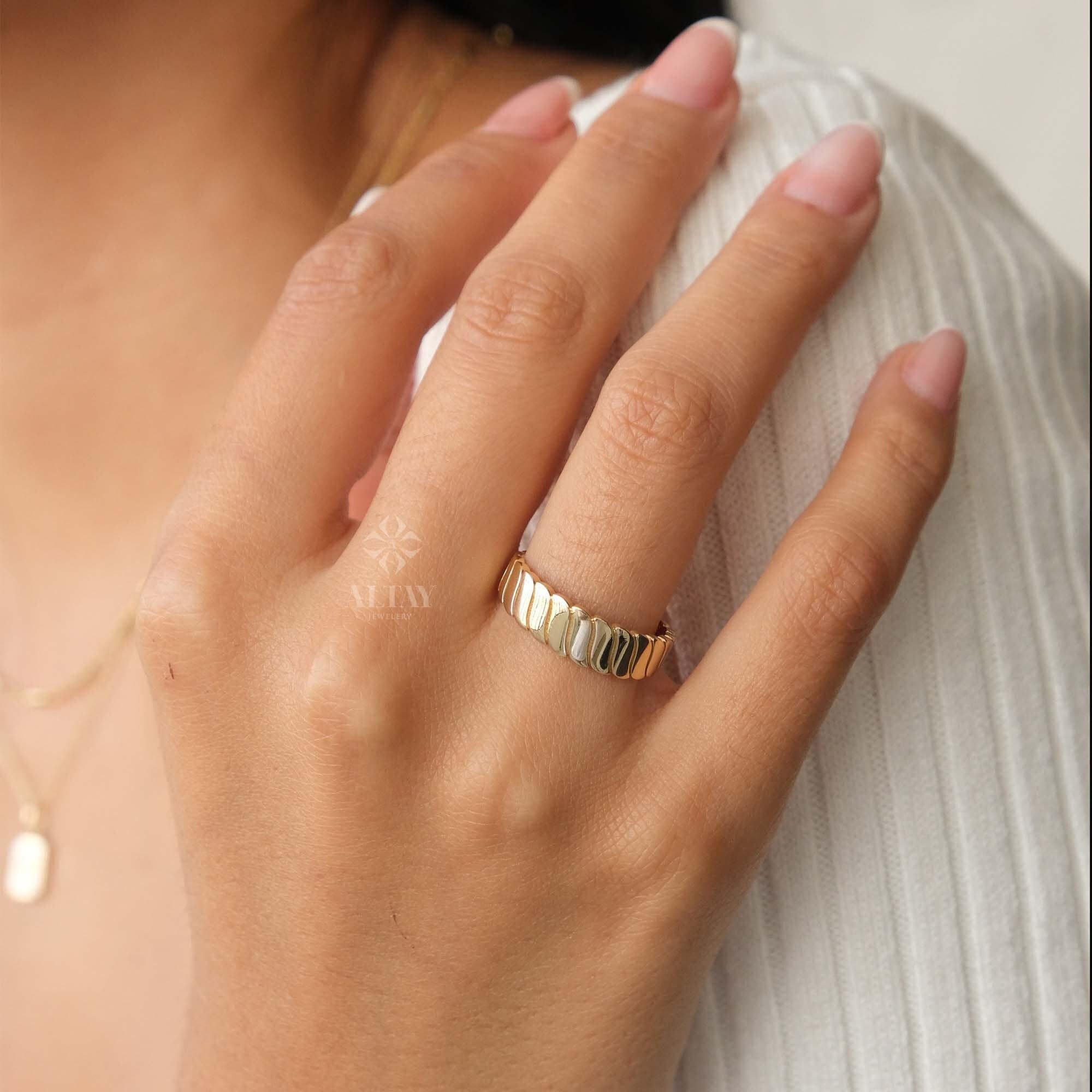 14K Gold Chunky Chain Ring, Twisted Dome Ring, Thick Croissant Ring, Statement Real Gold Ring, Curb Link Ring for Women