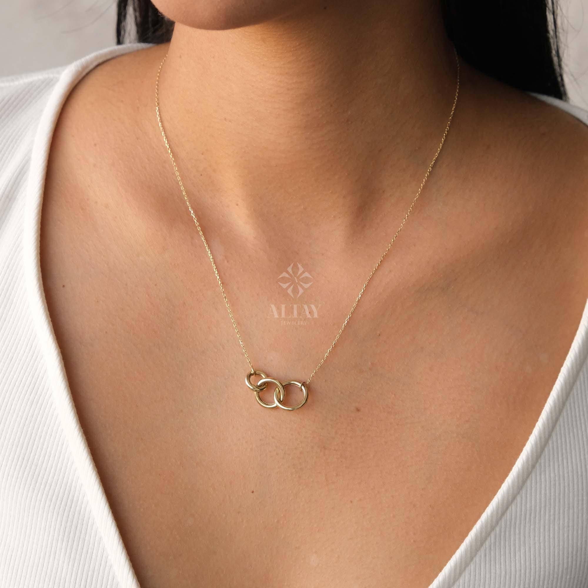 14K Gold Three Circle Necklace, Three Interlocking Pendant Necklace, Triple Circle Necklace, Linked Eternity Circles, Entwined Family Charm