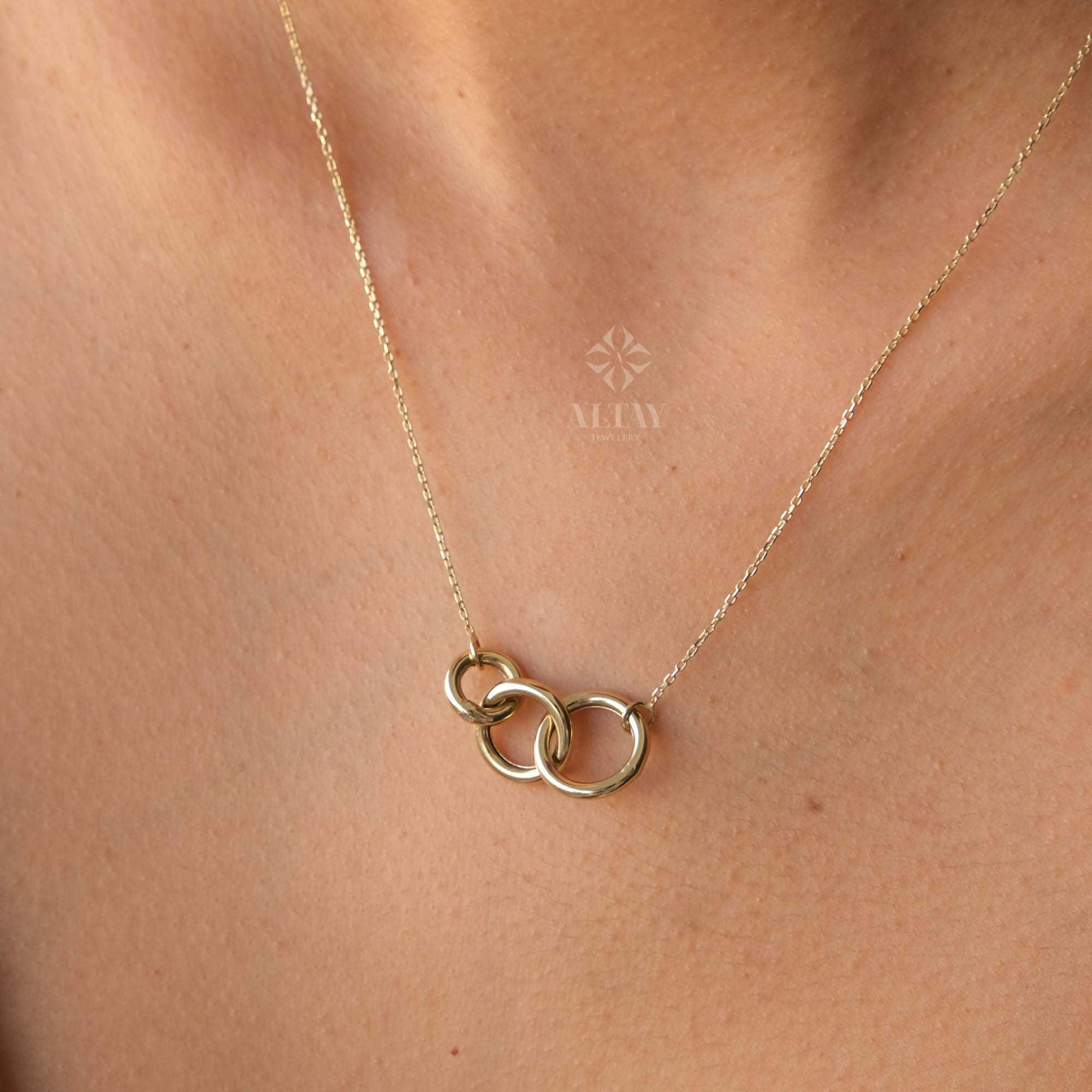 14K Gold Three Circle Necklace, Three Interlocking Pendant Necklace, Triple Circle Necklace, Linked Eternity Circles, Entwined Family Charm