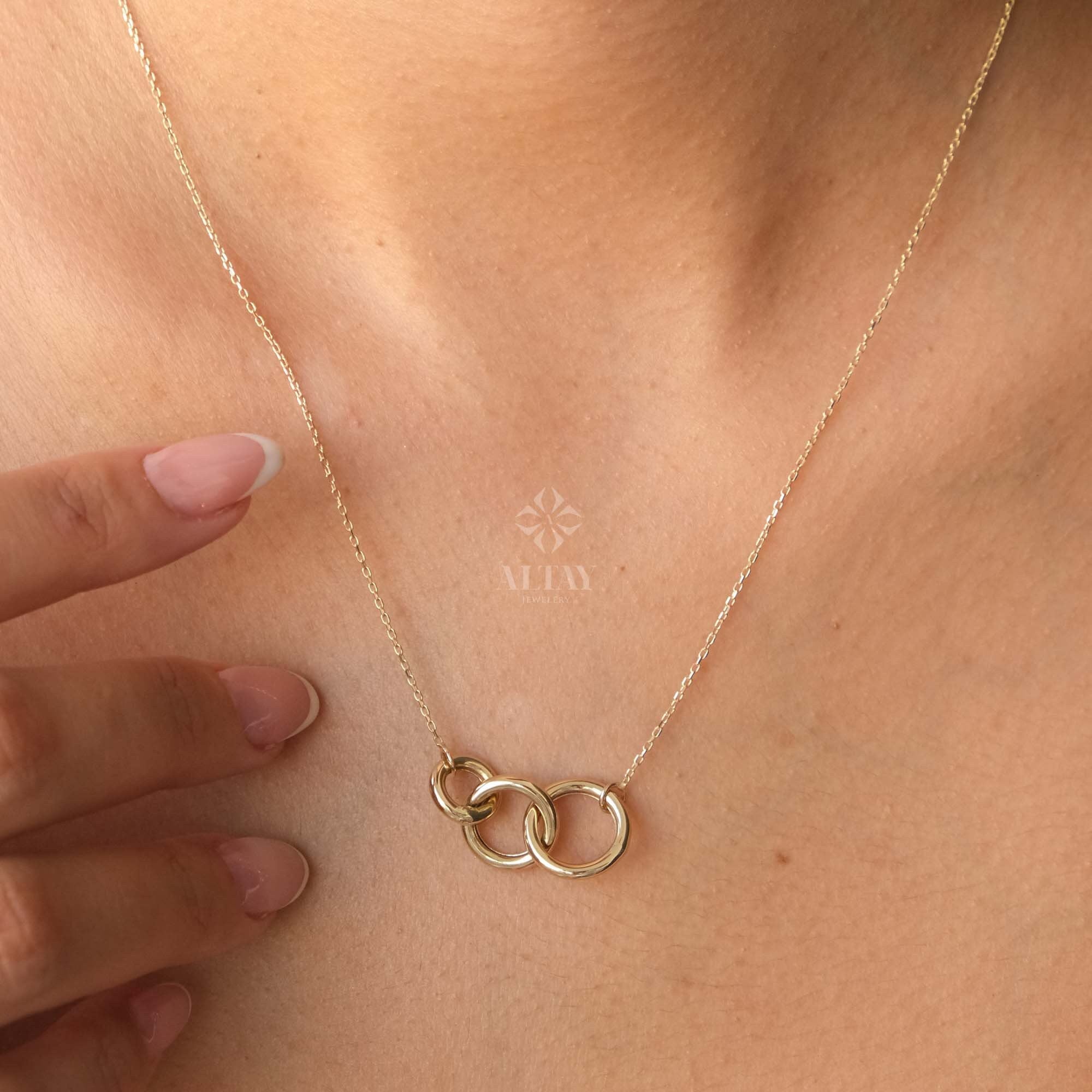 14K Gold Three Circle Necklace, Three Interlocking Pendant Necklace, Triple Circle Necklace, Linked Eternity Circles, Entwined Family Charm