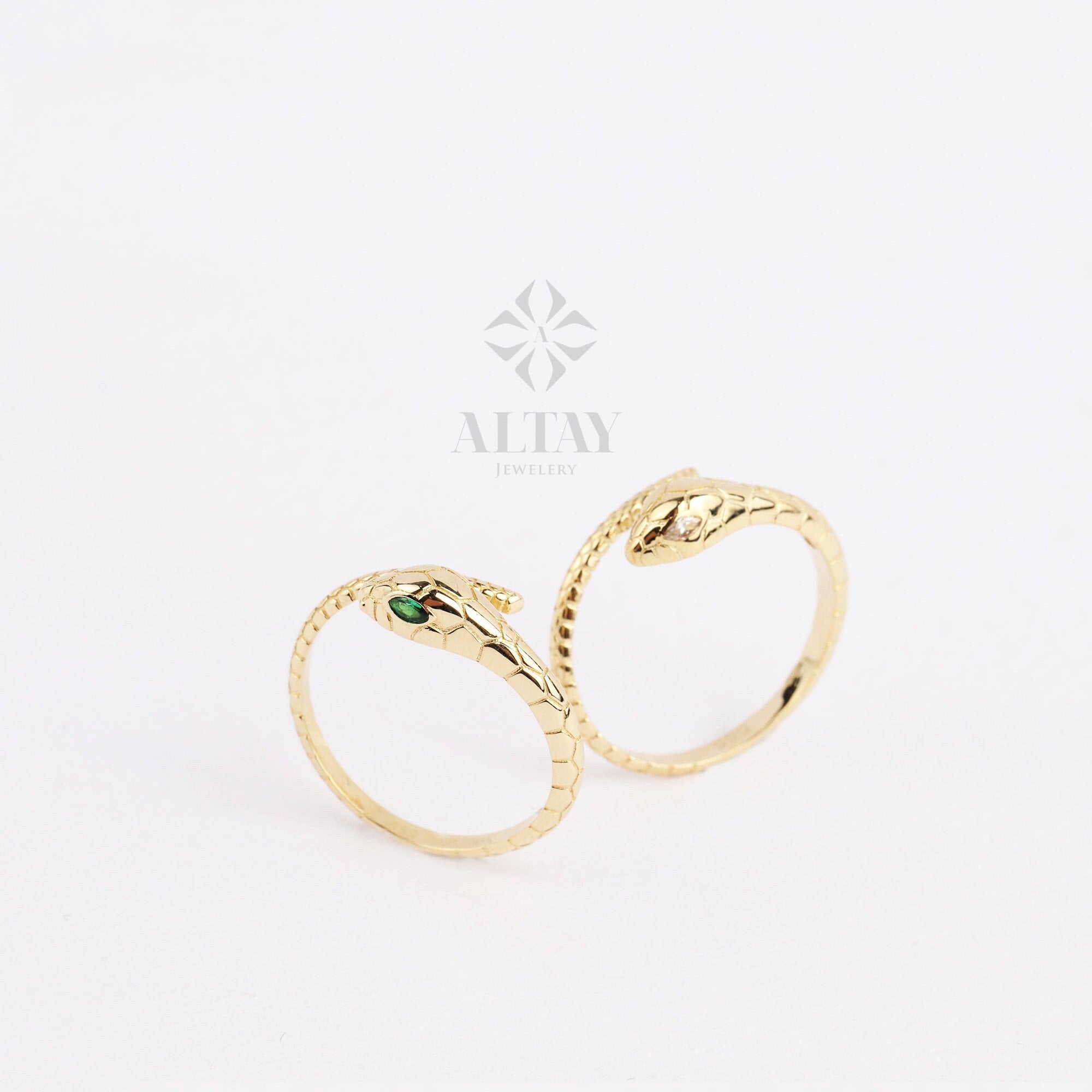 14K Gold Snake Ring, Dainty Serpent Ring, Birthstone Eyes, Stacking Animal Rings, Wrap Around Gemstone Statement Ring, Snake Style Gold Ring