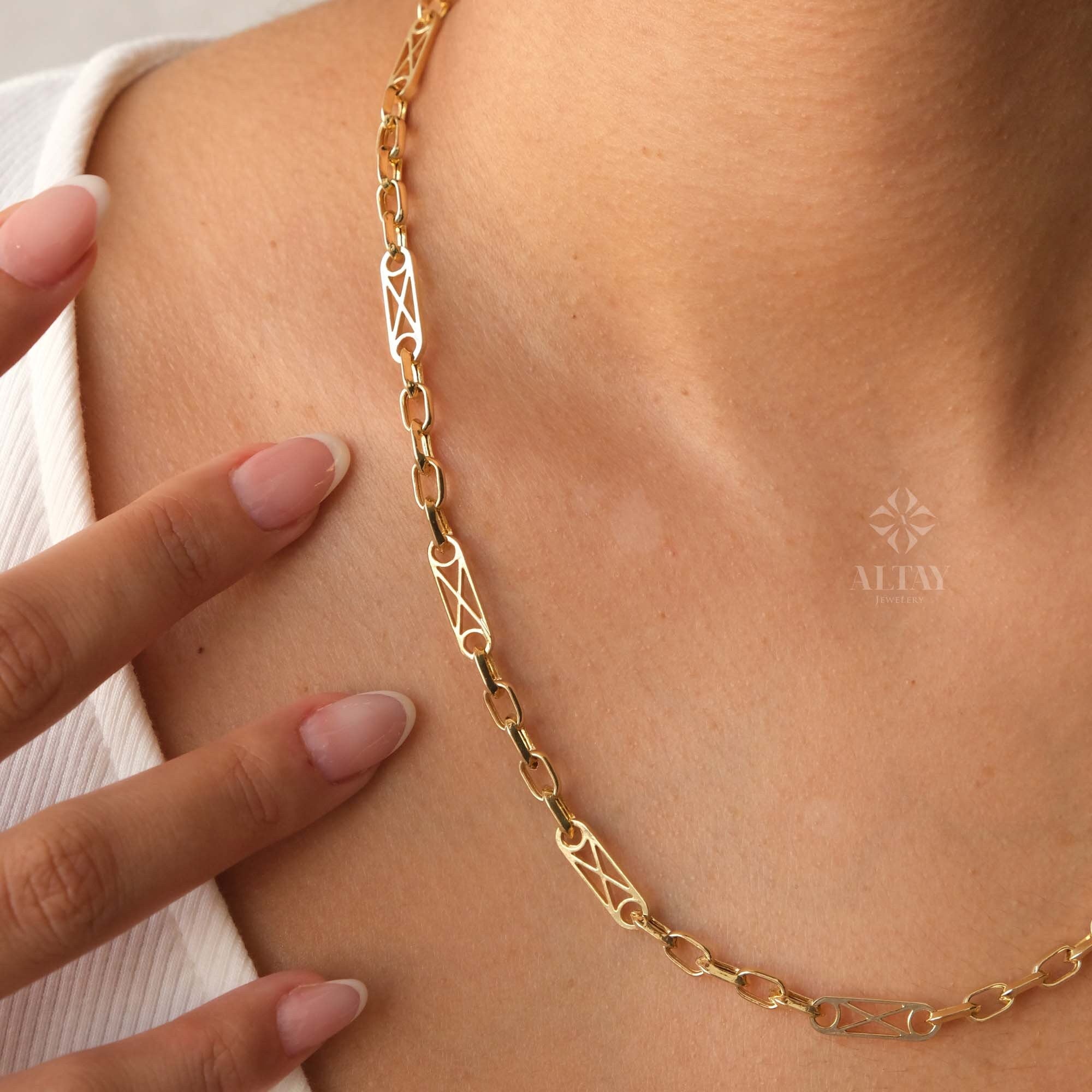 14K Gold Rectangle Long Chain Necklace, Paperclip Italian Rolo Chain, Chunky Oval Chain Link Necklace, Layered Everyday Choker Necklace