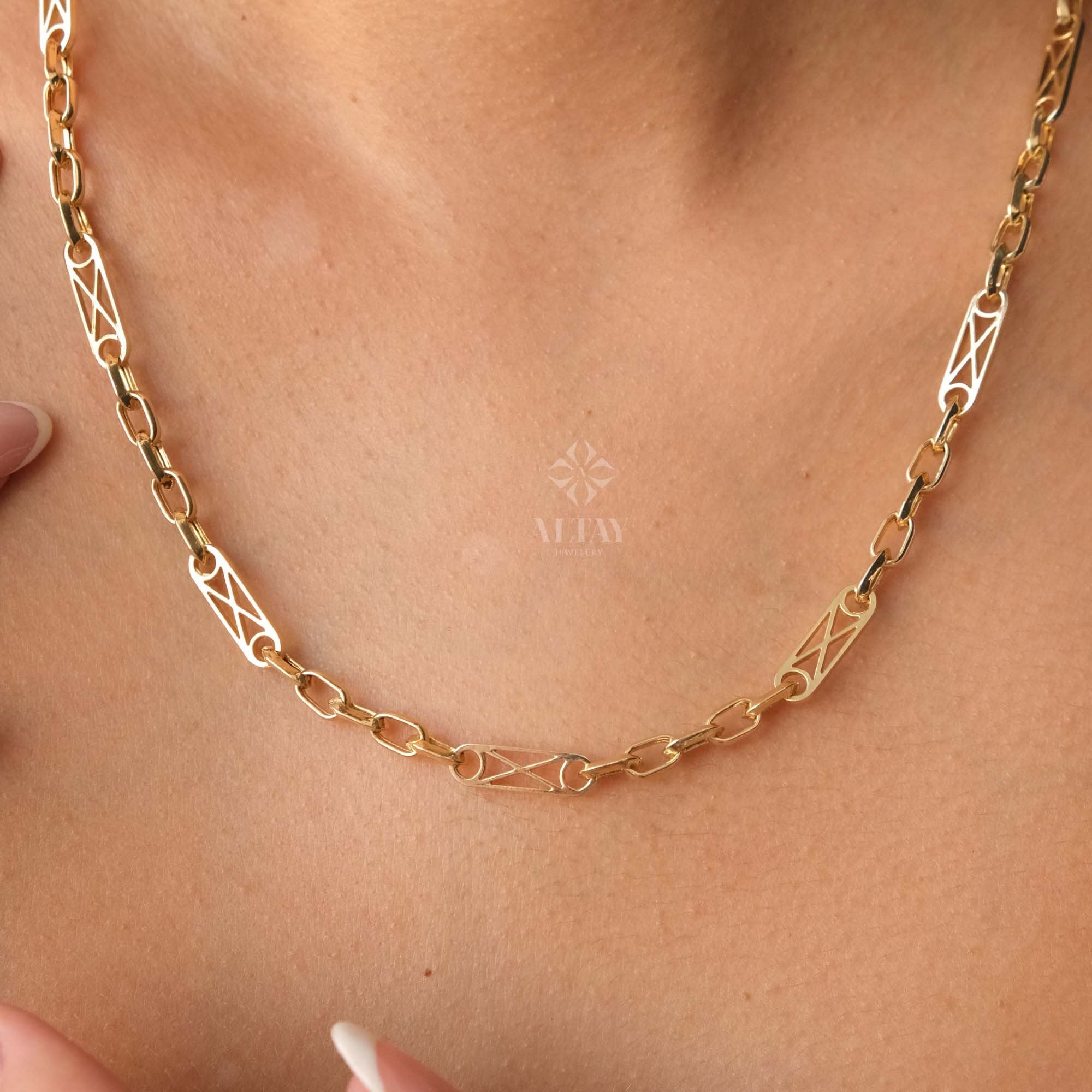 14K Gold Rectangle Long Chain Necklace, Paperclip Italian Rolo Chain, Chunky Oval Chain Link Necklace, Layered Everyday Choker Necklace