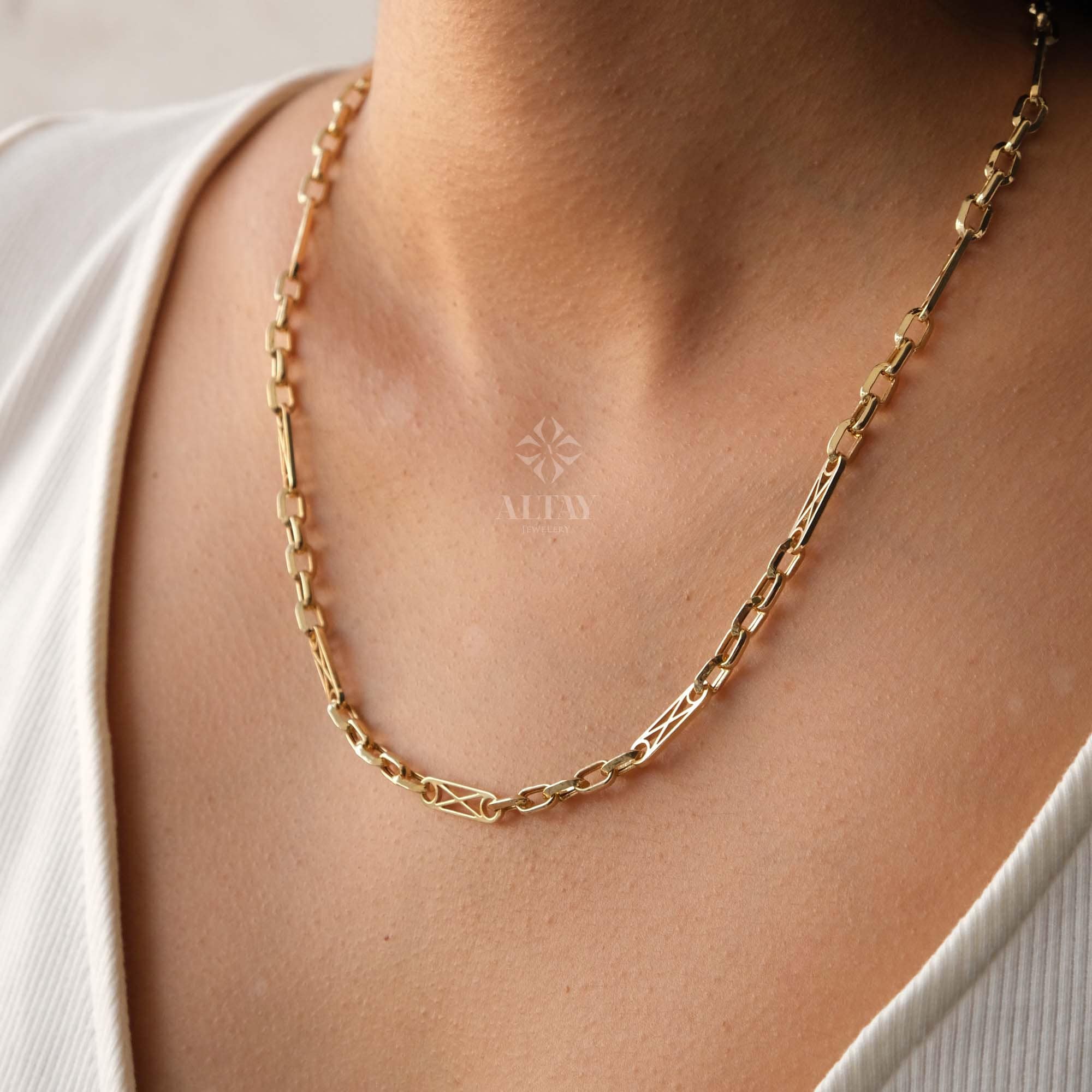 14K Gold Rectangle Long Chain Necklace, Paperclip Italian Rolo Chain, Chunky Oval Chain Link Necklace, Layered Everyday Choker Necklace